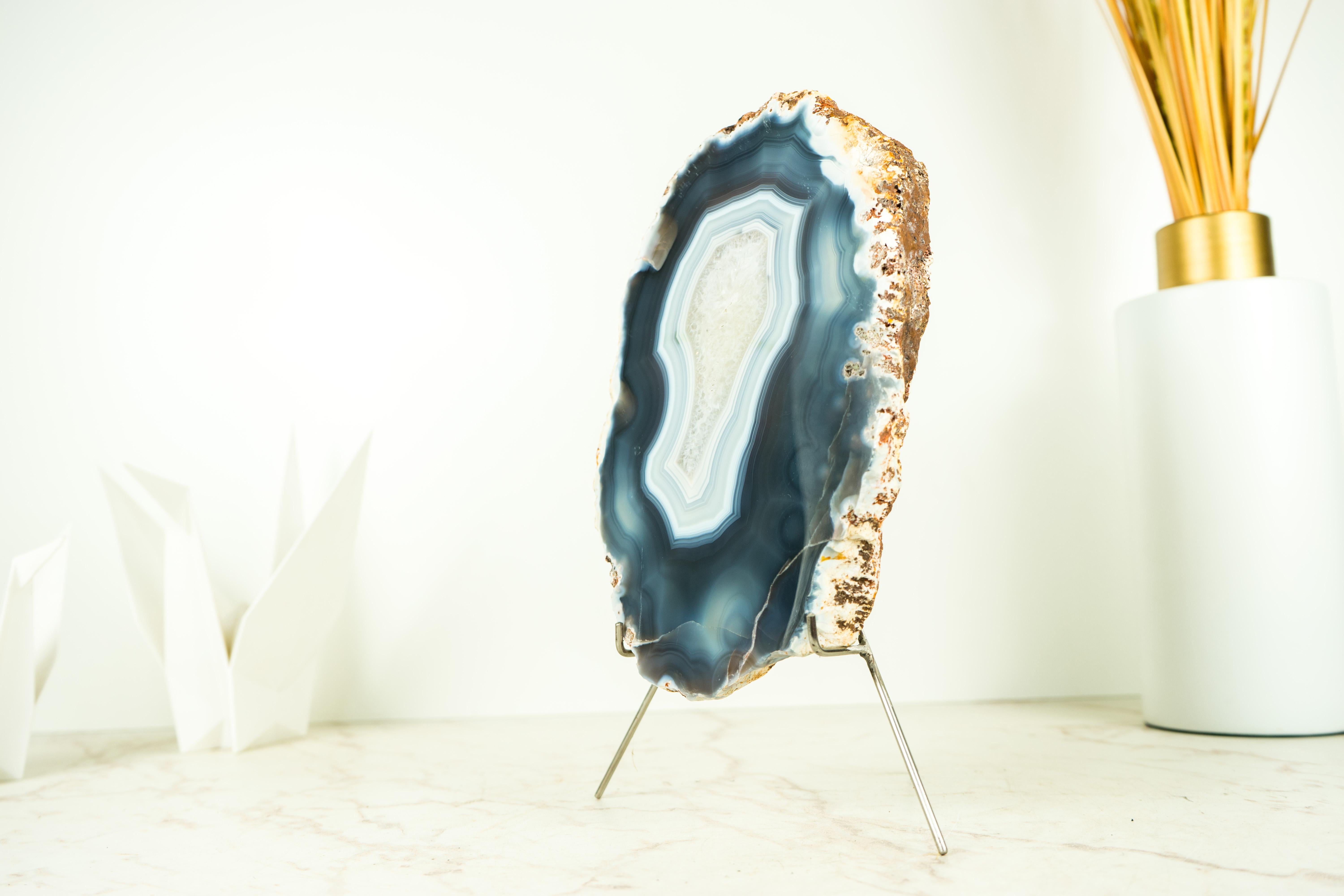 Contemporary Lace Agate Geode on Stand with Natural Blue Banded Agate - All Natural For Sale
