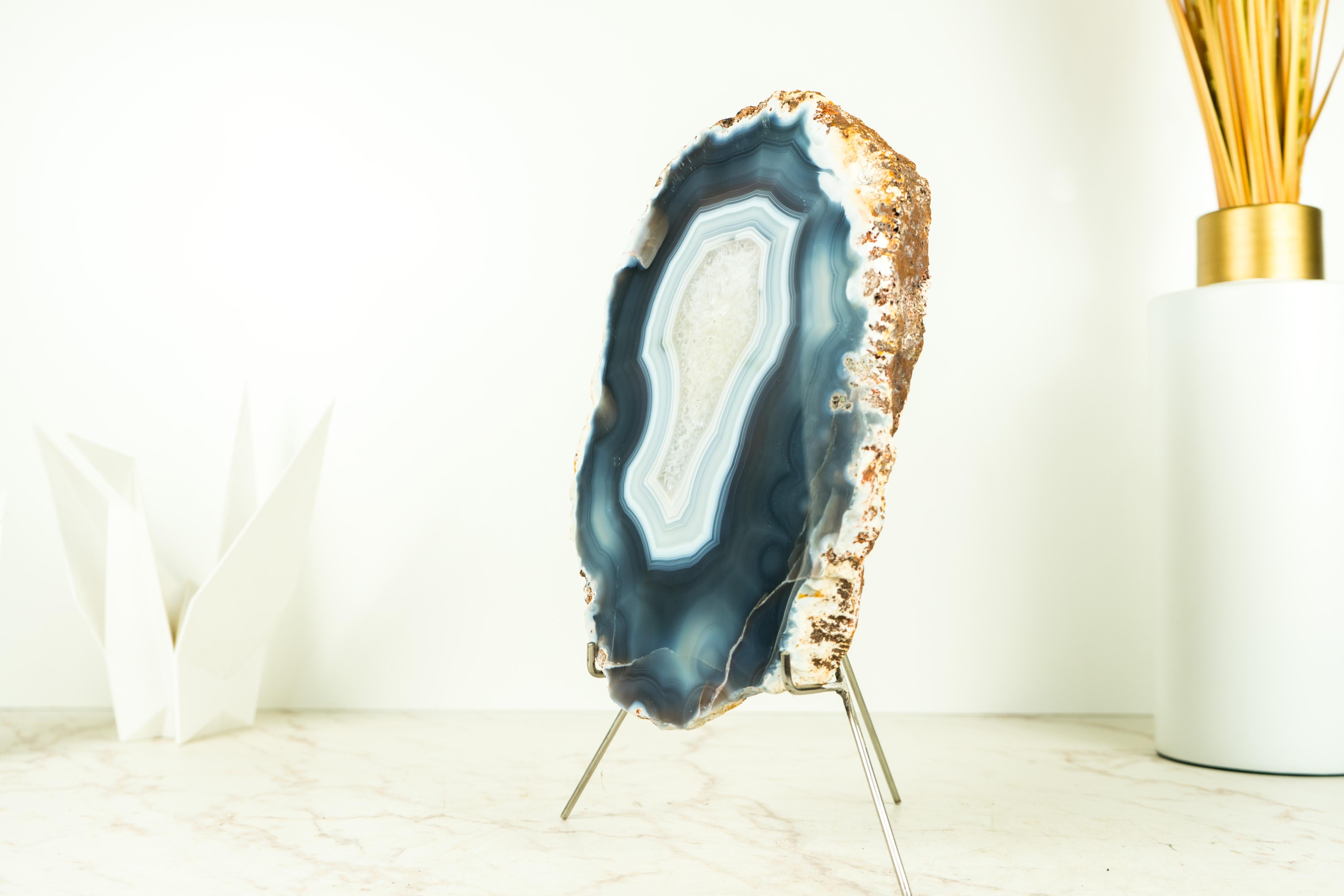 Lace Agate Geode on Stand with Natural Blue Banded Agate - All Natural For Sale 1