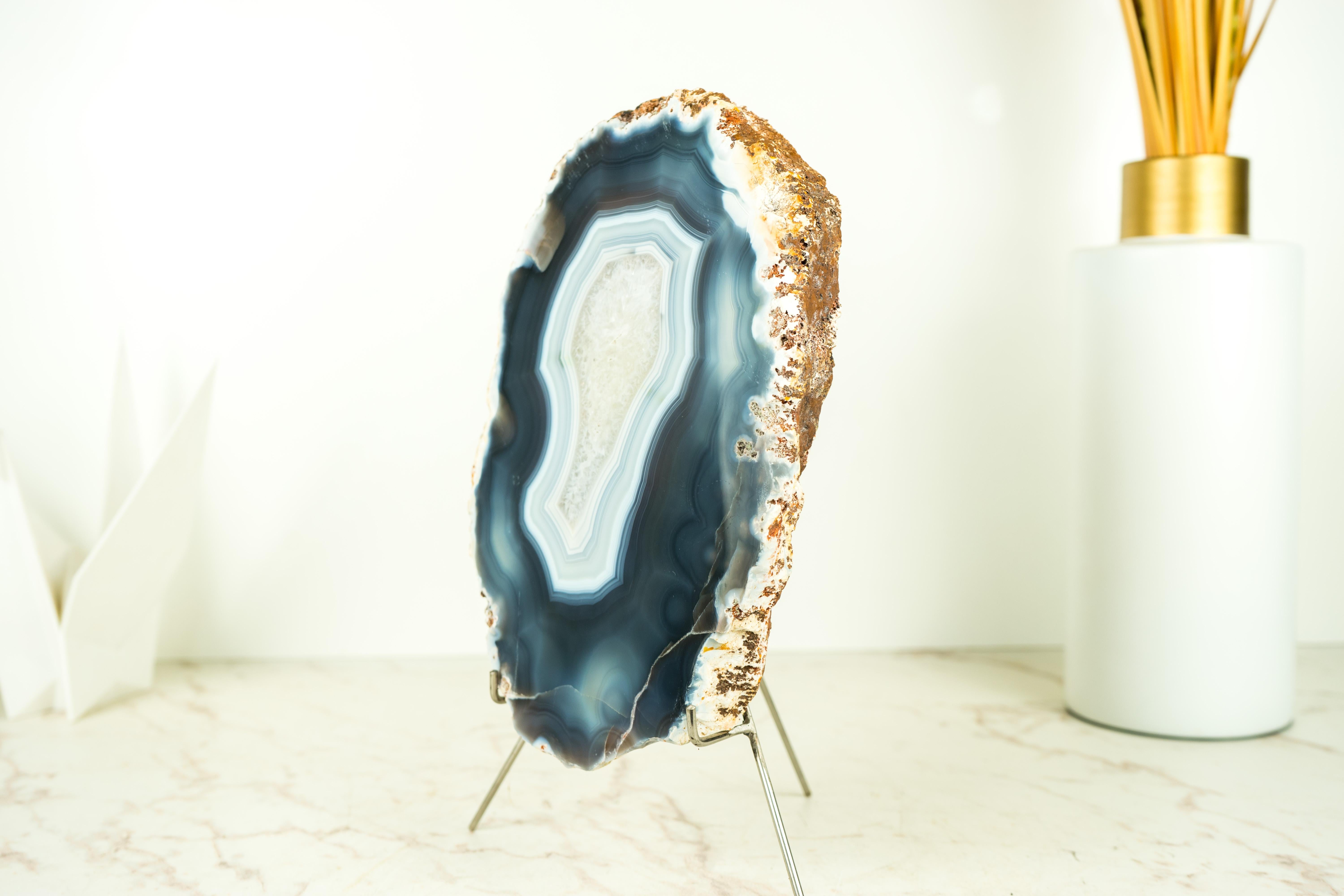Lace Agate Geode on Stand with Natural Blue Banded Agate - All Natural For Sale 2