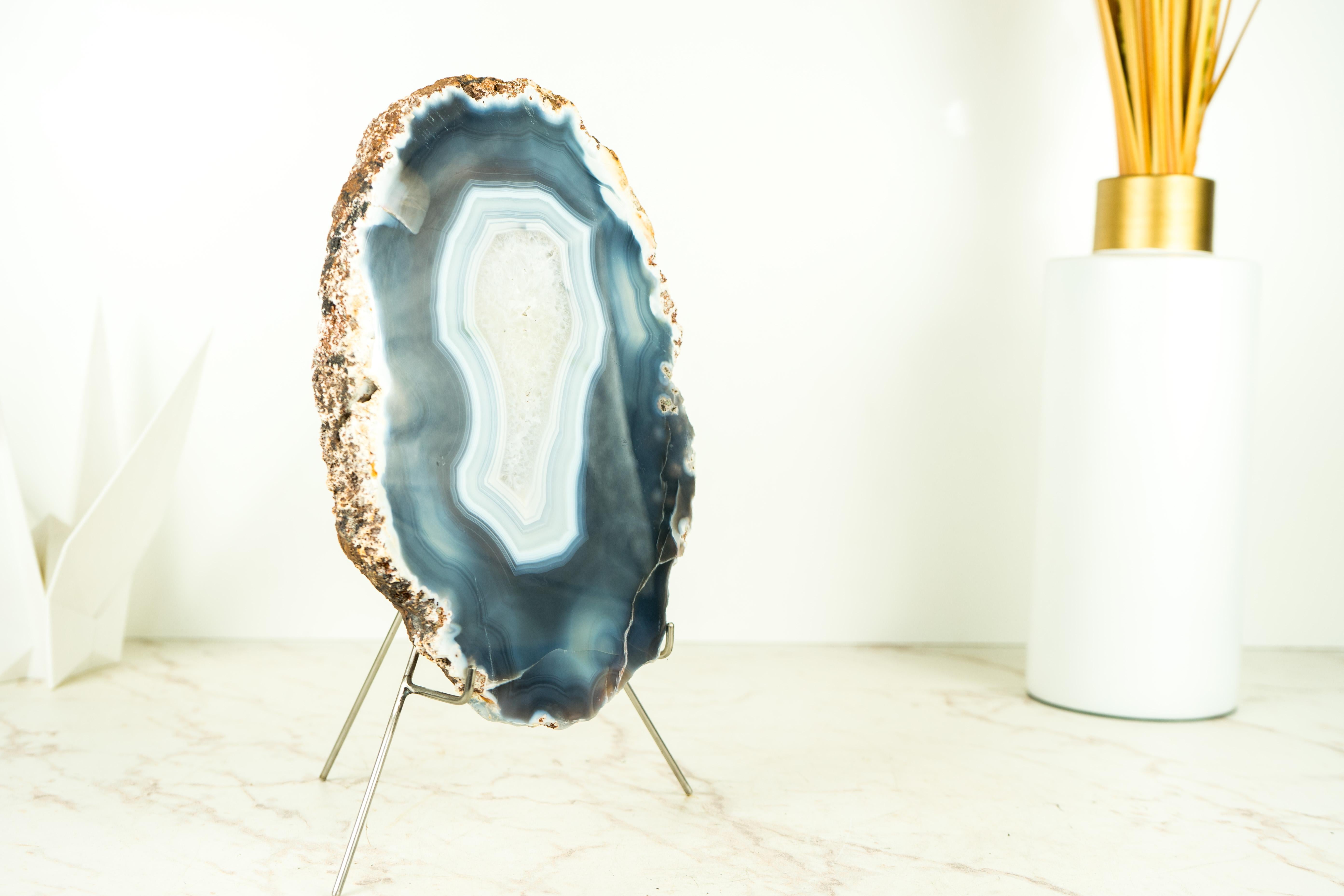 Lace Agate Geode on Stand with Natural Blue Banded Agate - All Natural For Sale 3