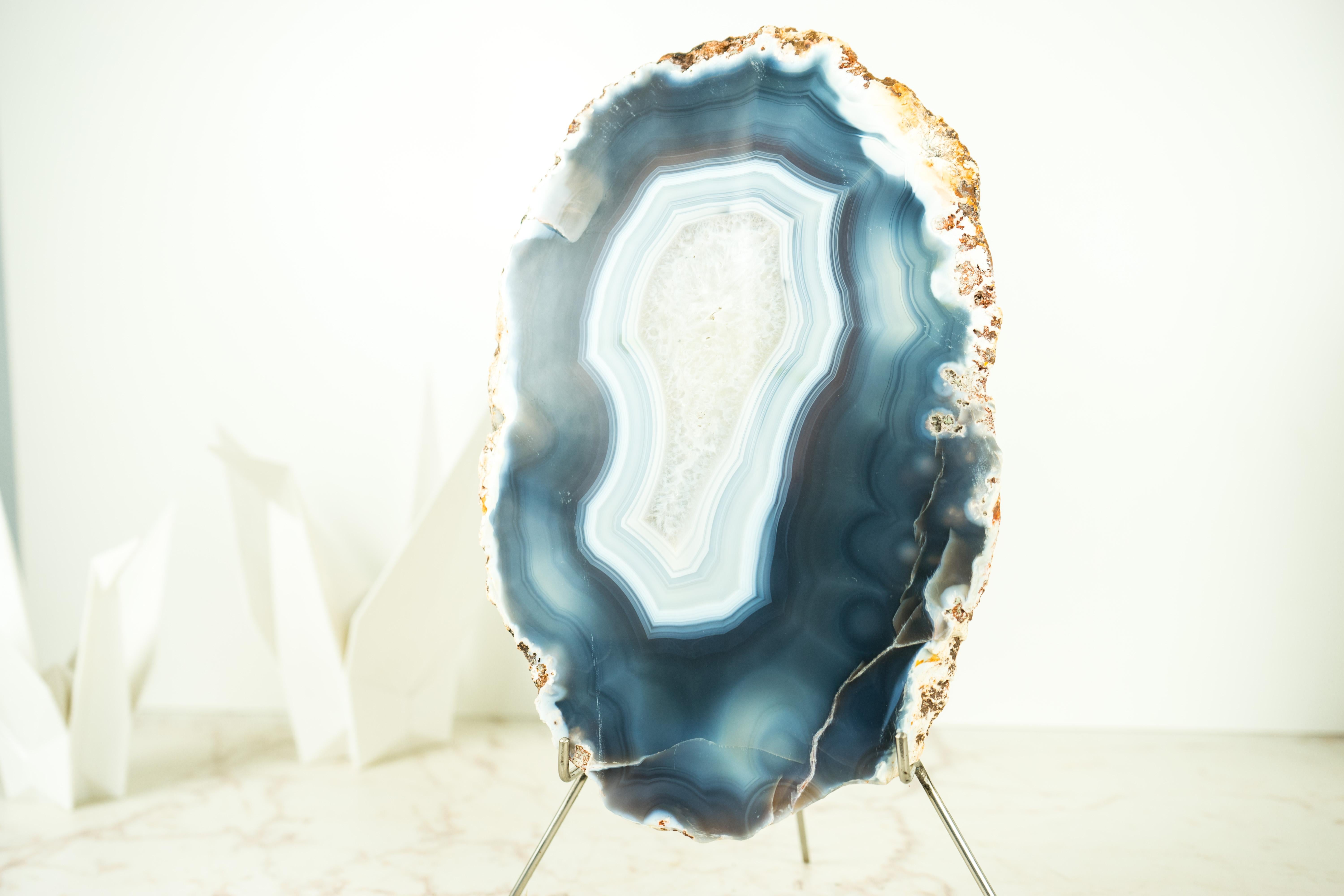 Lace Agate Geode on Stand with Natural Blue Banded Agate - All Natural For Sale 4