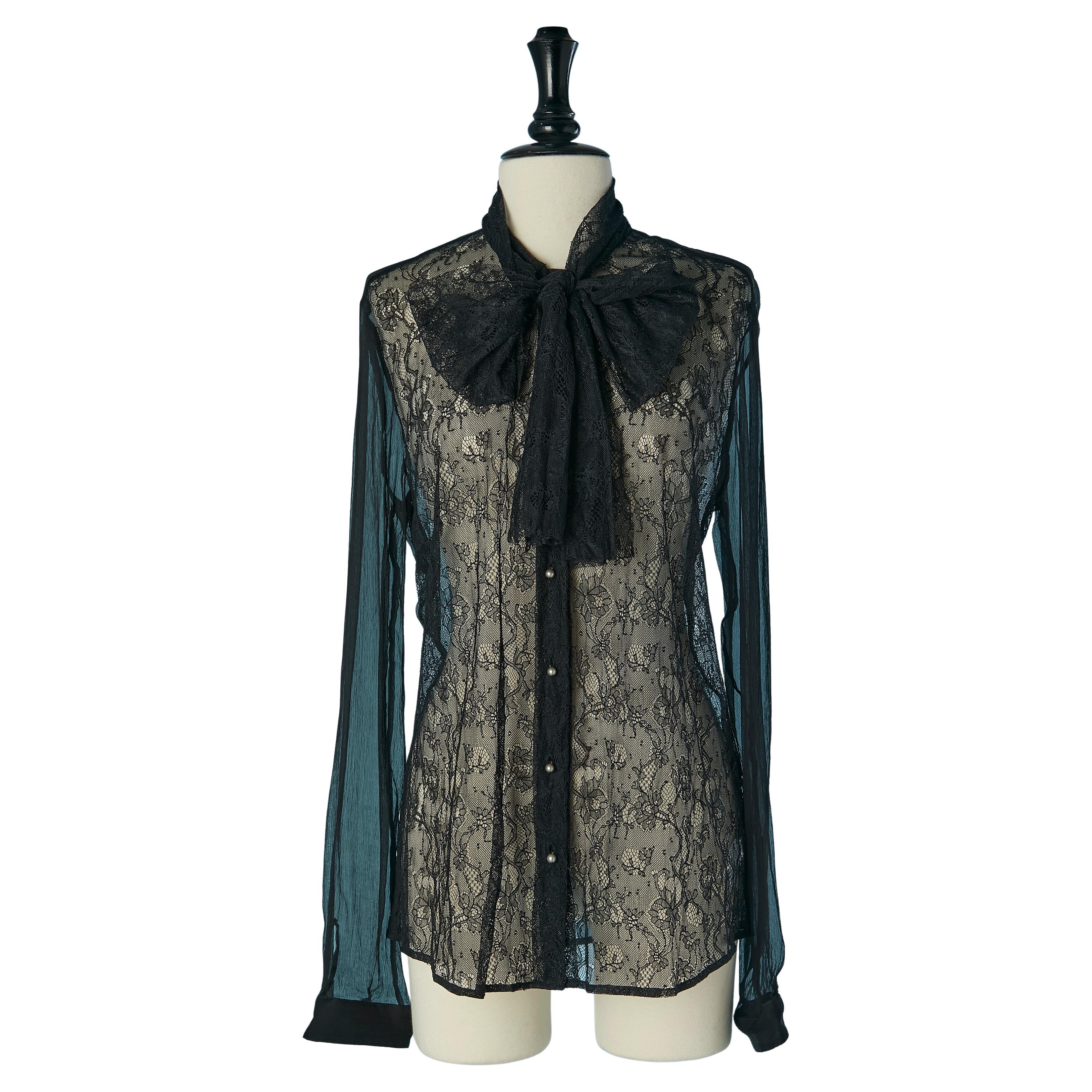 Lace and silk chiffon black shirt with pearl button D&G by Dolce Gabbana For Sale