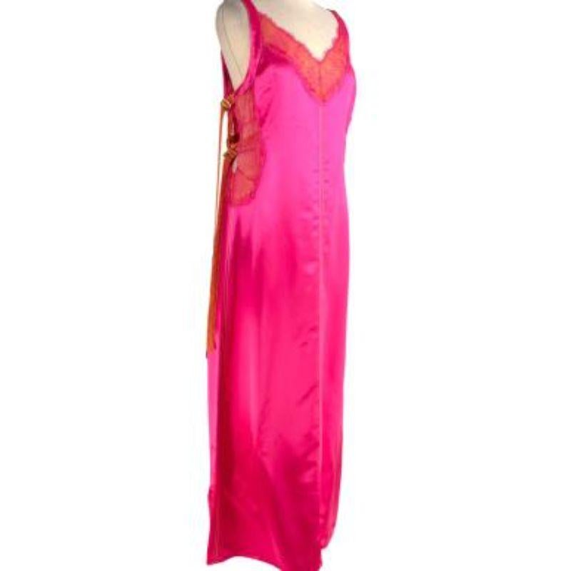 Sies Marjan Lace & Buckle Detail Pink & Orange Satin Midi dress
 
 -Lace detail through the side and V-neckline
 -Contrast stitching
 -Zip fastening along the side & adjustable buckles on the sides 
 -A slit found at the back 
 -Unlined 
 -Slip on
