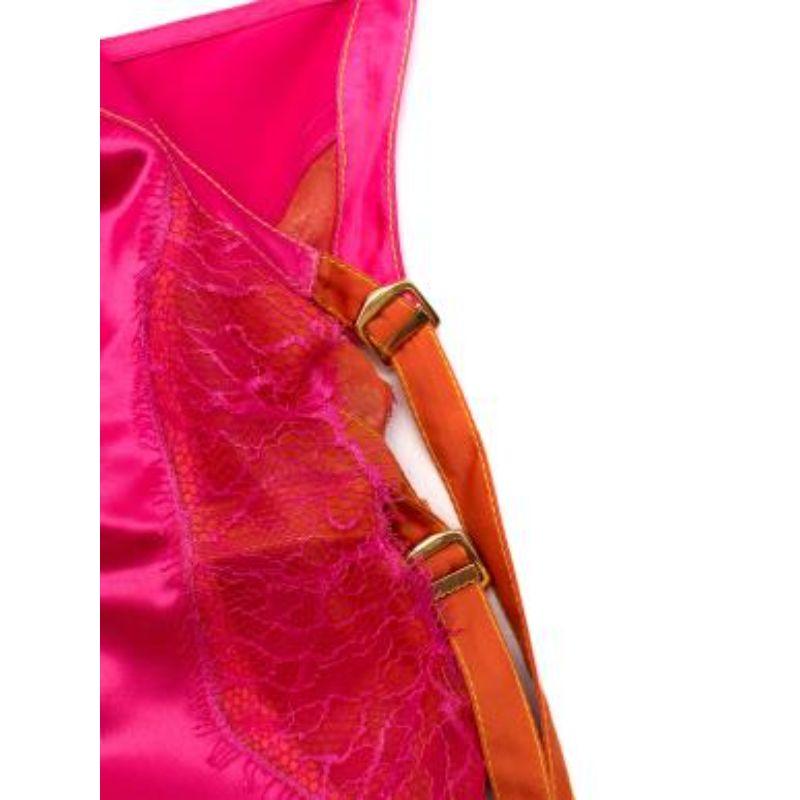 Lace & Buckle Detail Pink & Orange Satin Midi dress In Good Condition For Sale In London, GB