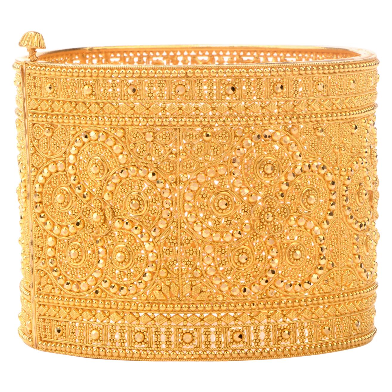 Lace Design 18 Karat Yellow Gold Wide Bangle Bracelet