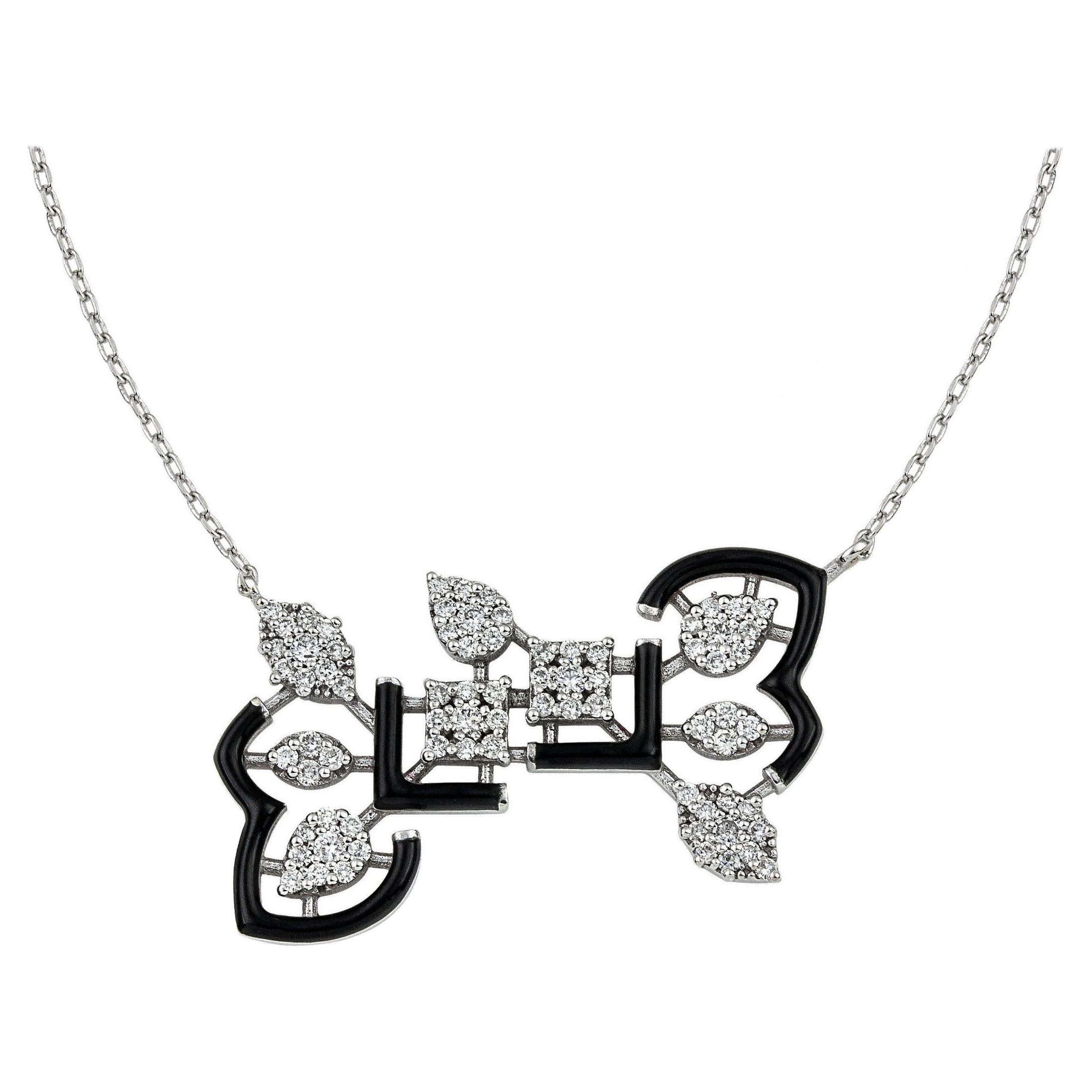 Lace Gold Necklace with Diamonds and Black Enamel For Sale