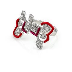 Lace Gold Ring with Diamonds and Red Enamel