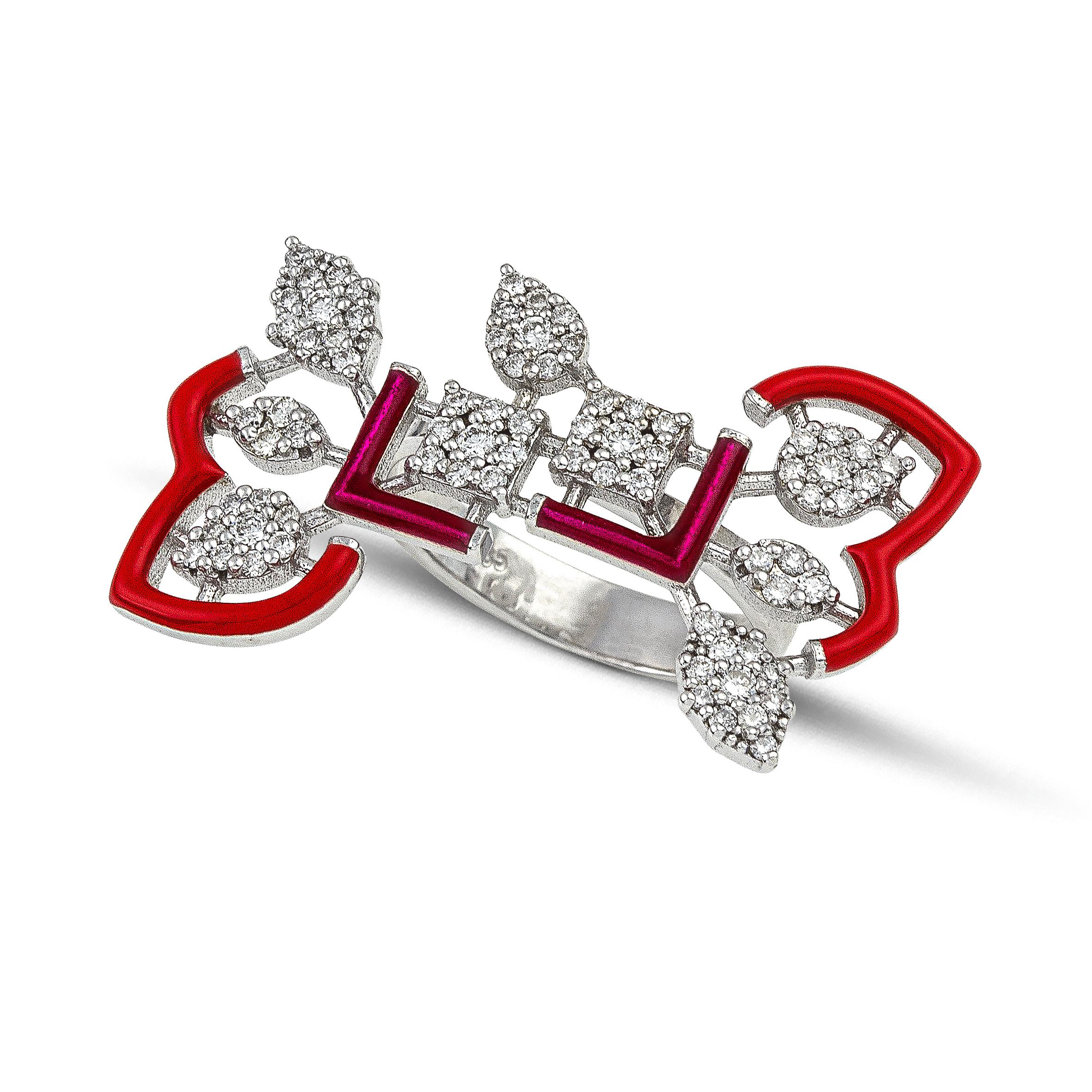 Goldring aus Spitze mit Diamanten und roter Emaille (Künstler*in) im Angebot