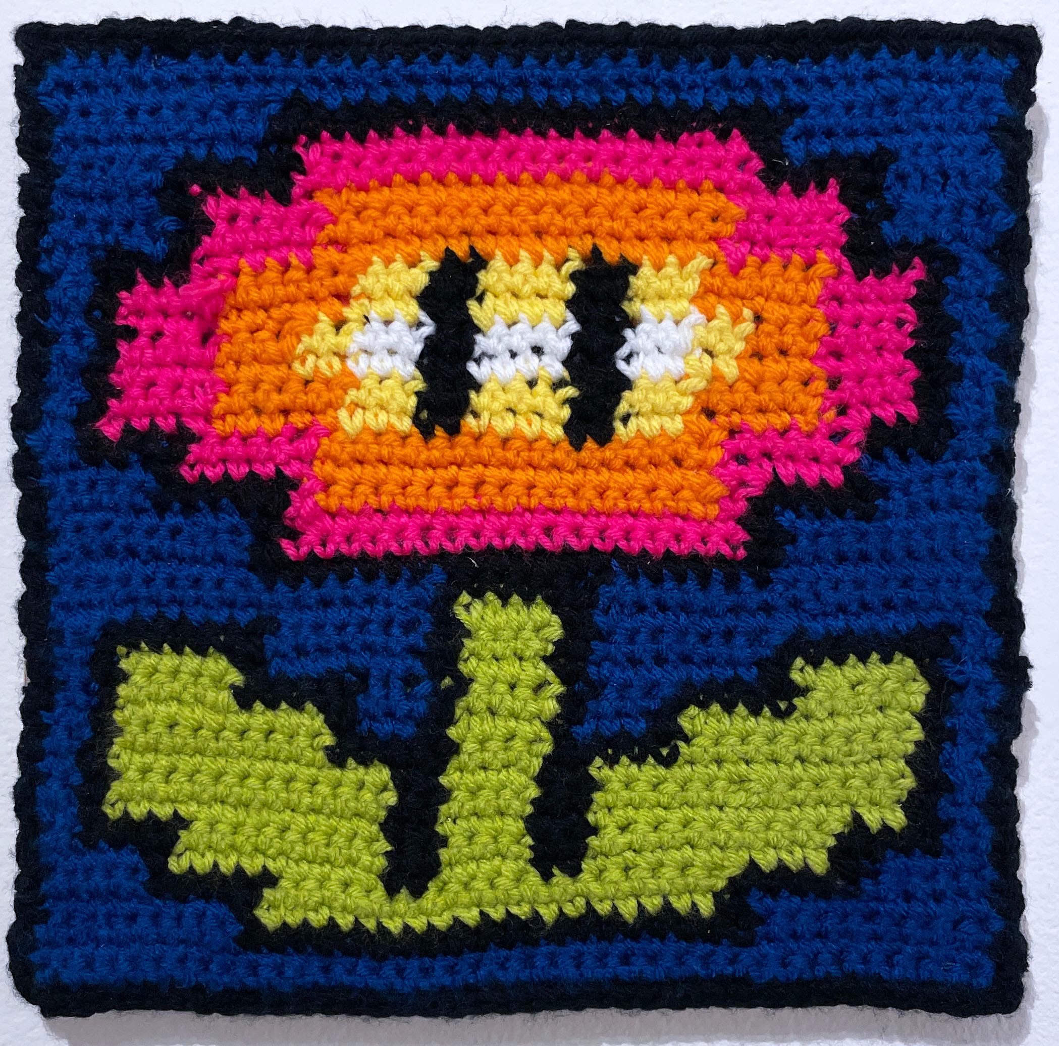 "Nintendo Flower" (2022) by street artist Lace In The Moon
10 x 10 x .75"

Figurative wall art. 1990s inspiration. Bright green, yellow, orange, pink, black, blue and white. Textile pop art made of crocheted yarn on wood panel. Nod to classic gaming