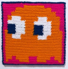 Pacman (ghost) (2022) by Lace In The Moon, pop art game textile crochet wall art