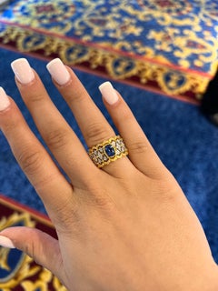 Lace Openwork Cushion Ceylon Sapphire & Diamond Wide Cigar Band Ring in 18K Gold