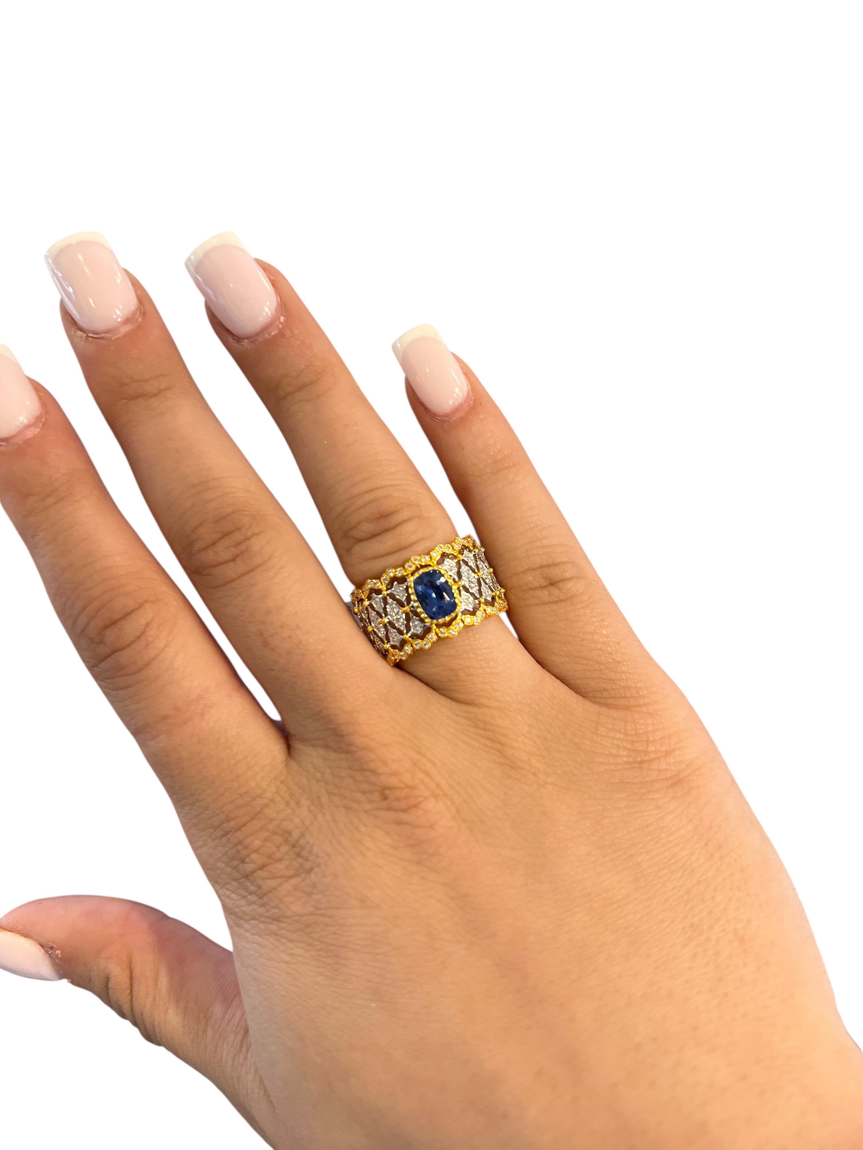 Lace Openwork Cushion Ceylon Sapphire 
Diamond Wide Cigar Band Ring in 18K Gold For Sale