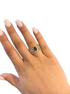 Lace Openwork Cushion Ceylon Sapphire & Diamond Wide Cigar Band Ring in 18K Gold