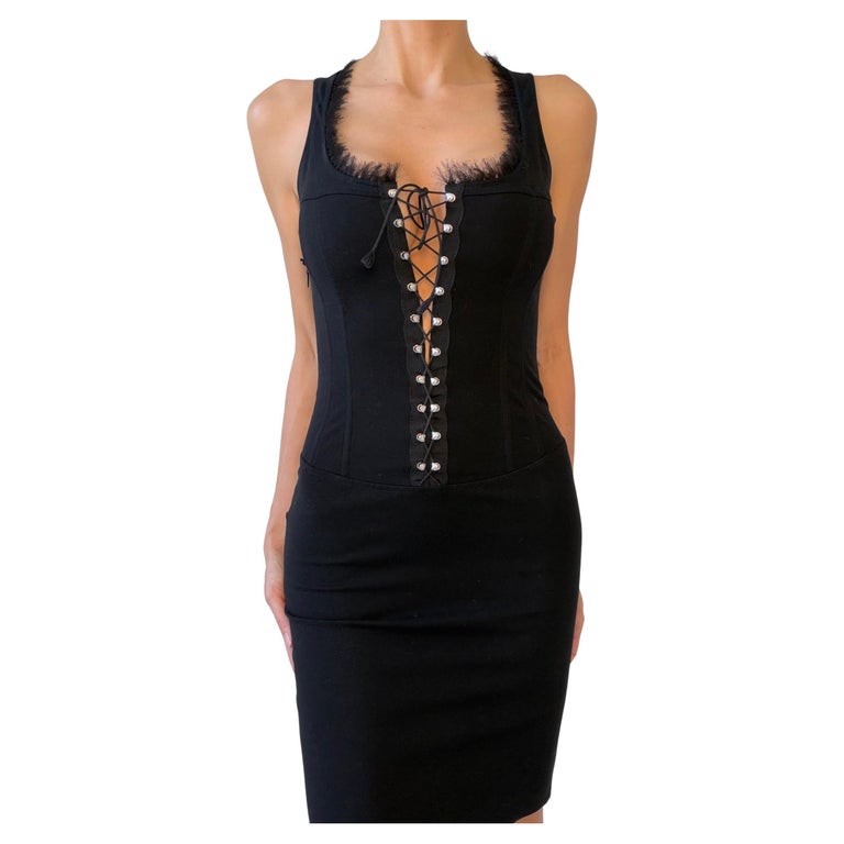 Versus Versace Women's Black Lace-Up Midi Dress with Textured Collar For  Sale at 1stDibs