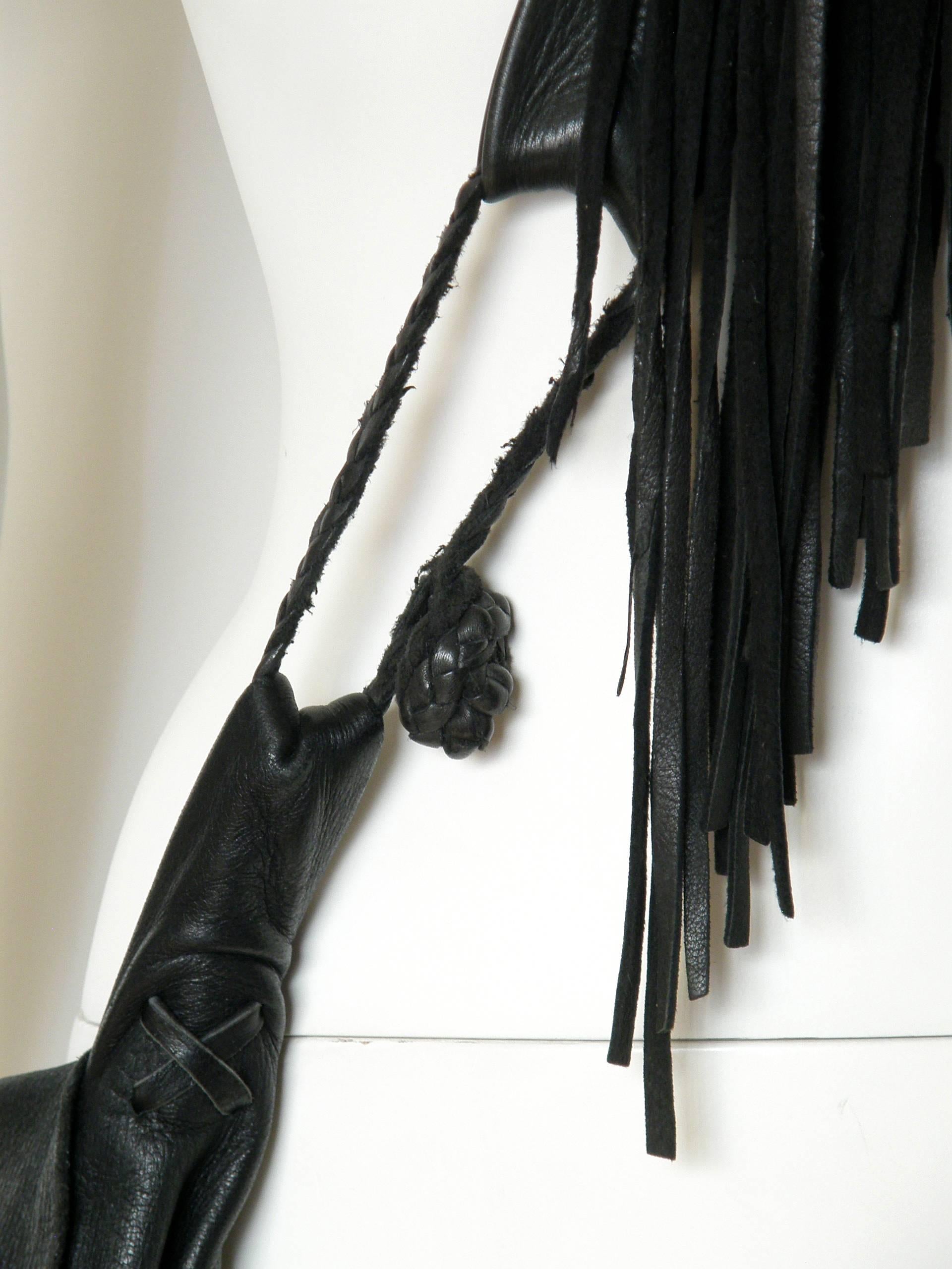 Black Laced Leather Cross Body Shoulder Bag with Fringed Strap