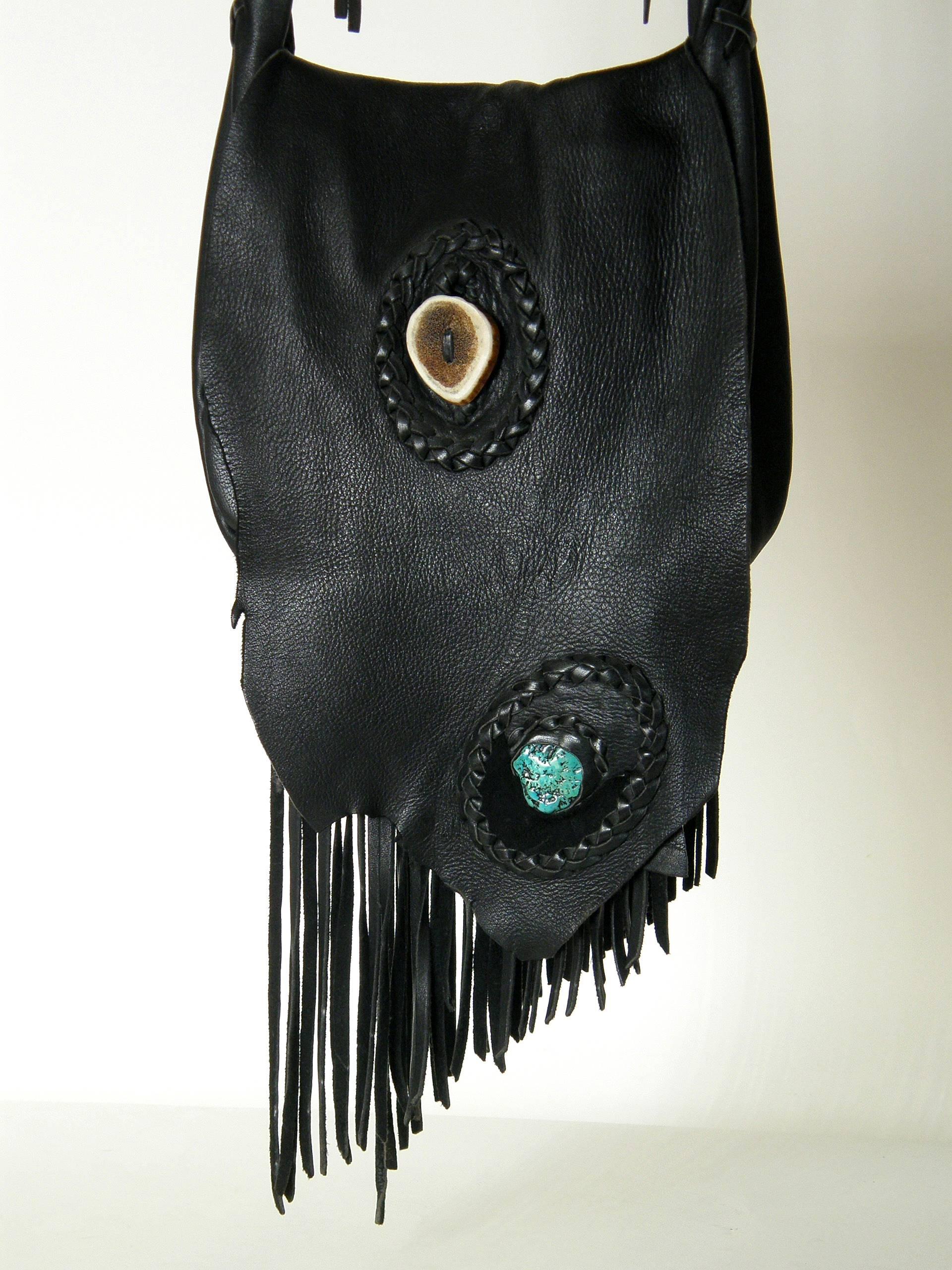 Laced Leather Cross Body Shoulder Bag with Fringed Strap In Good Condition In Chicago, IL