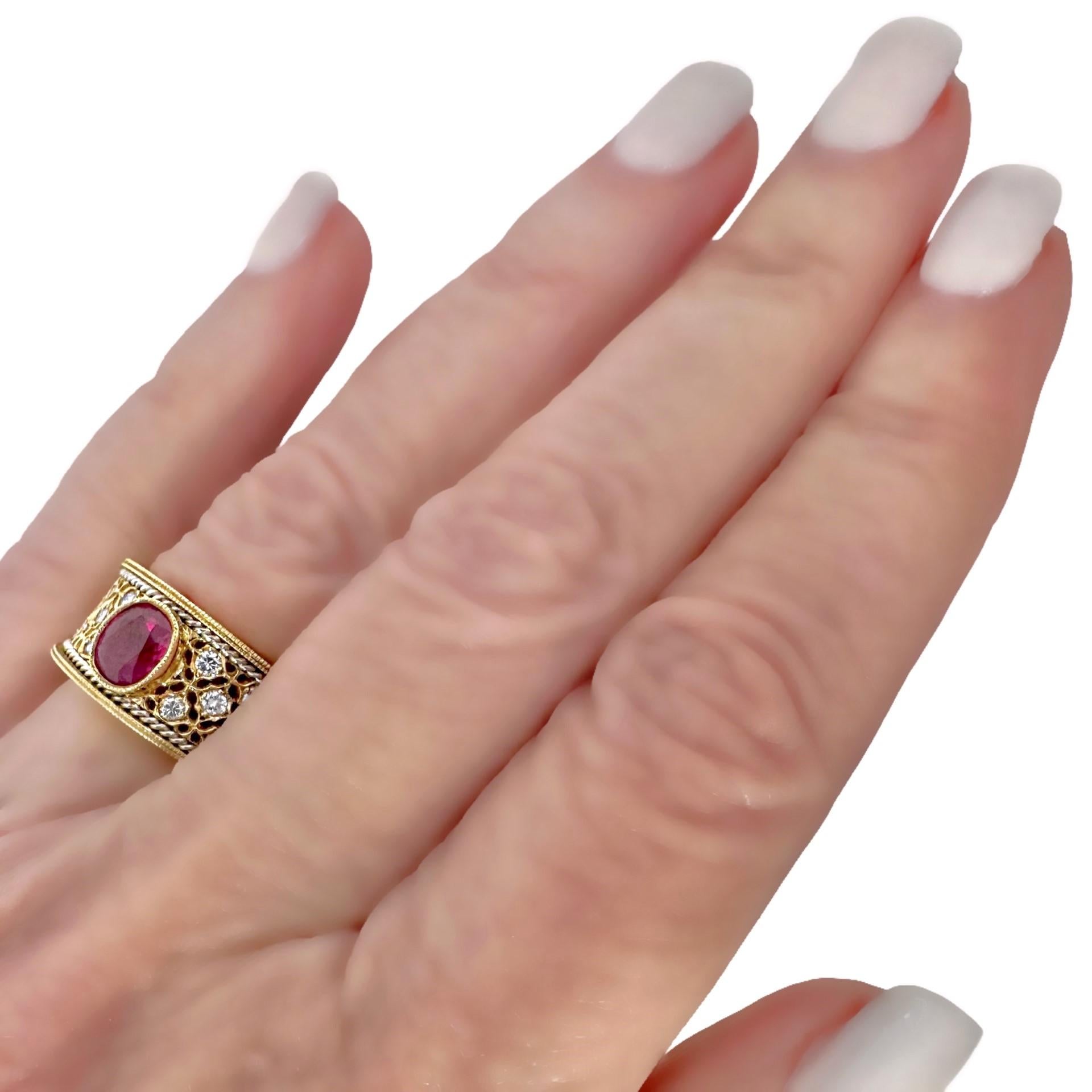 Lacey Mid-20th Century 18k Yellow Gold & Platinum Ruby and Diamond Cocktail Ring 5