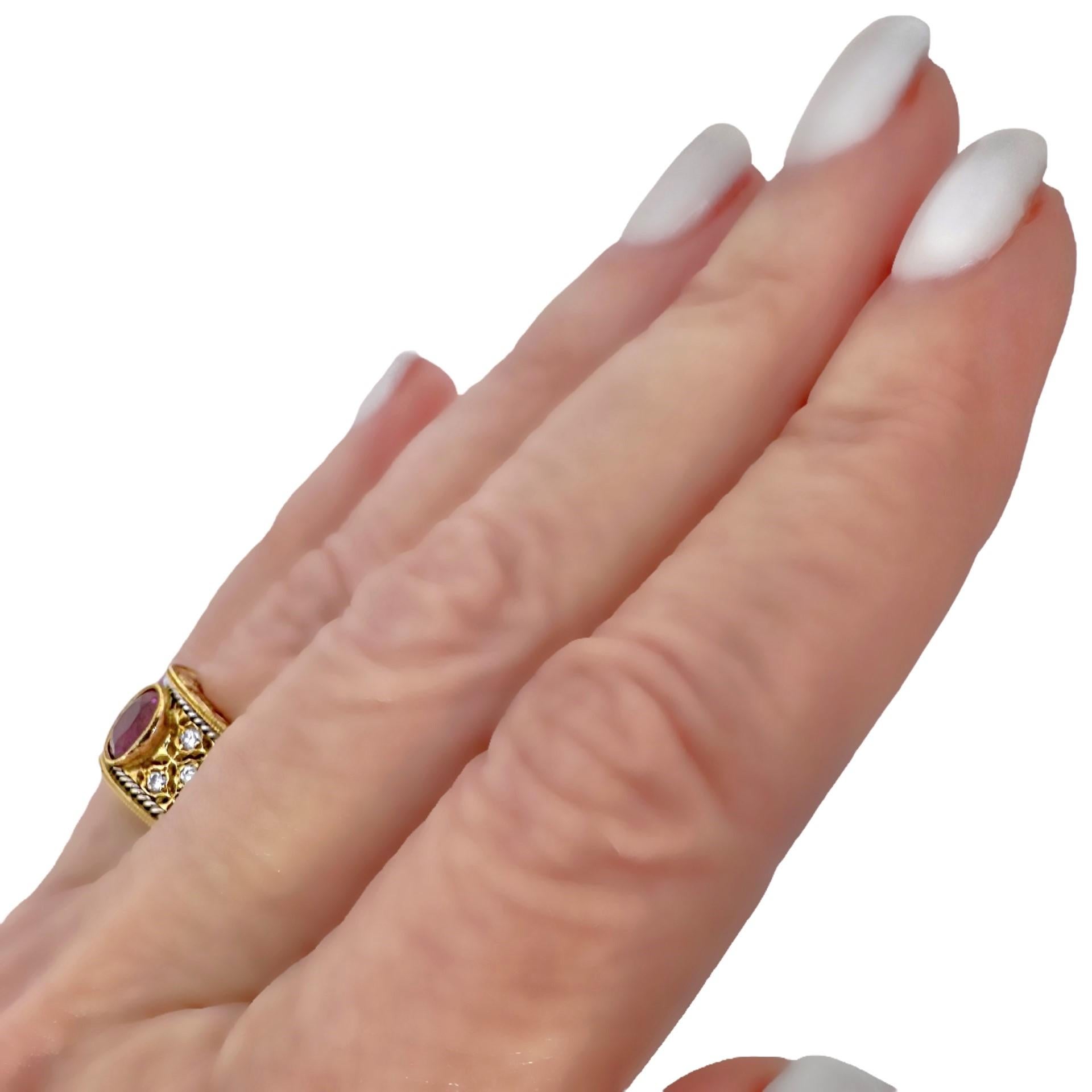 Lacey Mid-20th Century 18k Yellow Gold & Platinum Ruby and Diamond Cocktail Ring 6