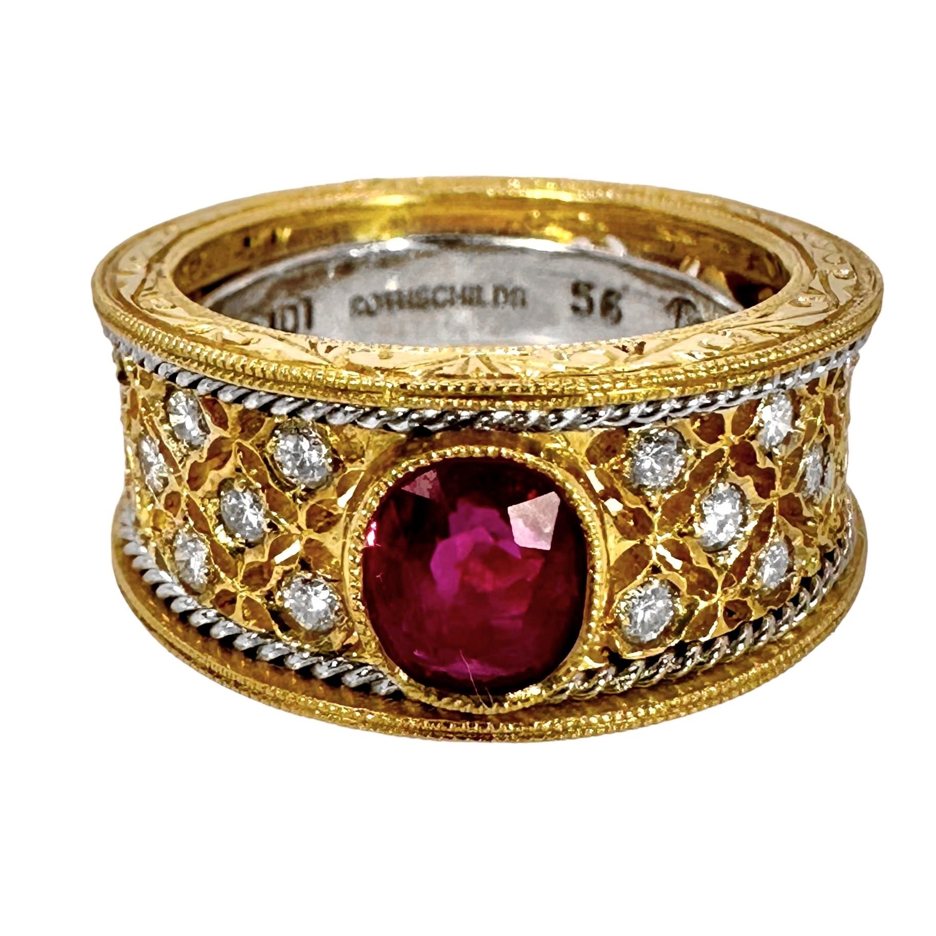 This very well crafted Mid-20th century cocktail ring is fabricated from 18k yellow gold and platinum. It is bezel set at the center with one vivid and bright natural ruby, weighing exactly 1.01ct and with eighteen brilliant cut diamonds weighing
