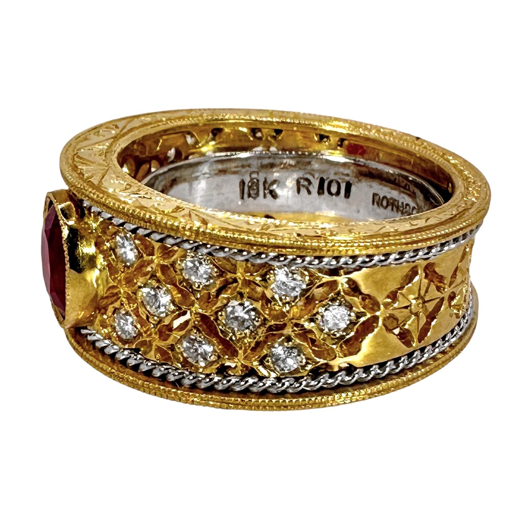 Modern Lacey Mid-20th Century 18k Yellow Gold & Platinum Ruby and Diamond Cocktail Ring