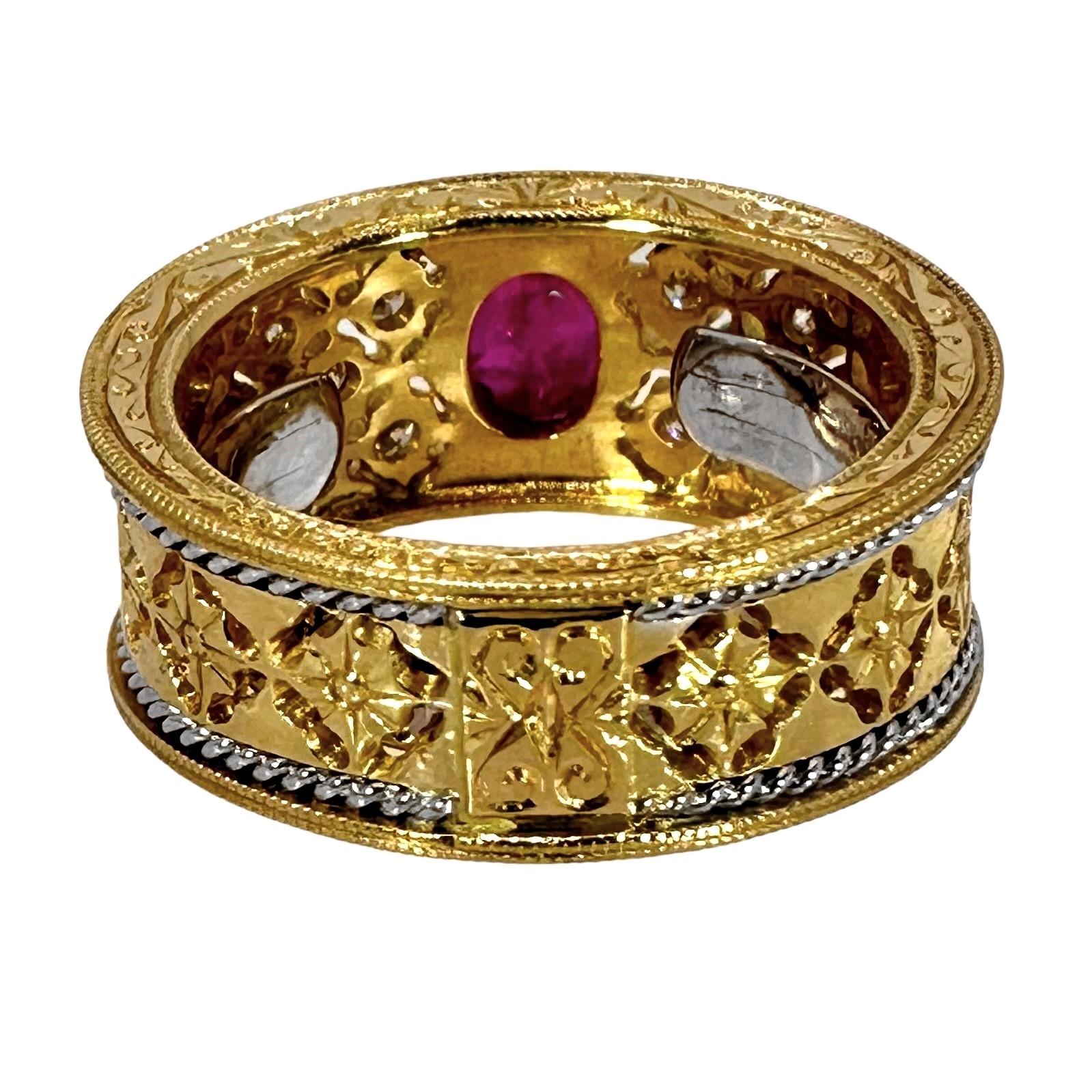 Brilliant Cut Lacey Mid-20th Century 18k Yellow Gold & Platinum Ruby and Diamond Cocktail Ring