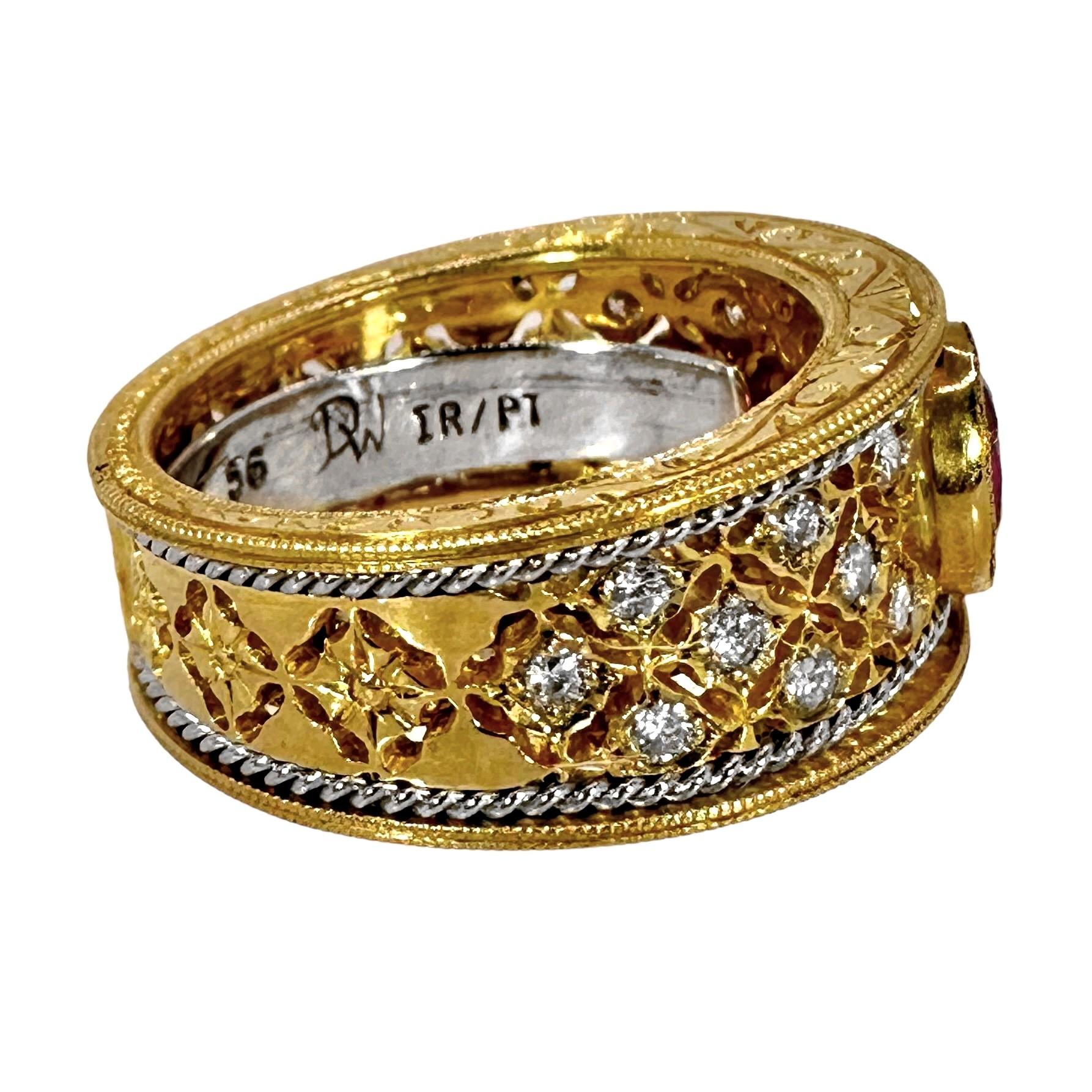 Lacey Mid-20th Century 18k Yellow Gold & Platinum Ruby and Diamond Cocktail Ring In Good Condition In Palm Beach, FL