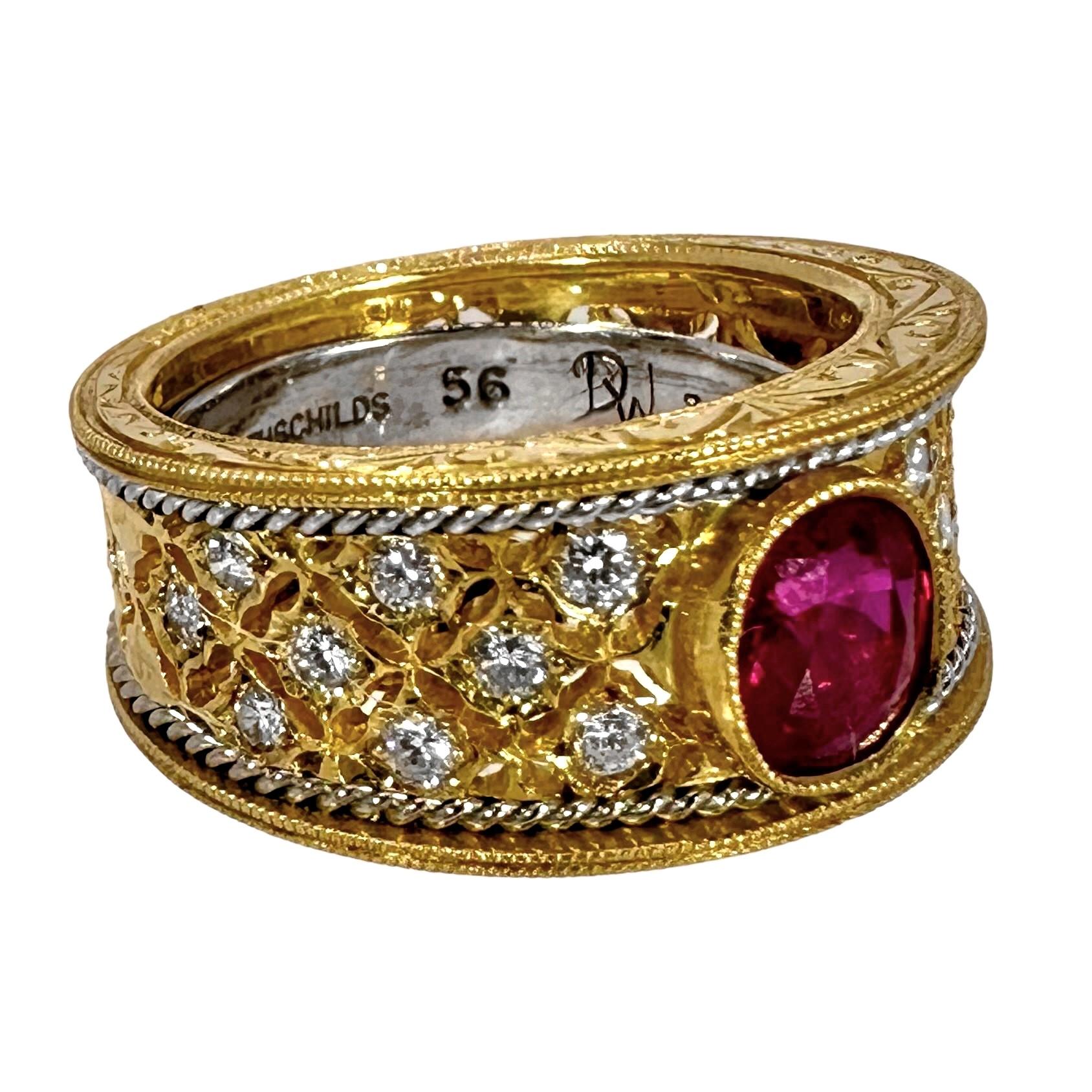 Women's Lacey Mid-20th Century 18k Yellow Gold & Platinum Ruby and Diamond Cocktail Ring