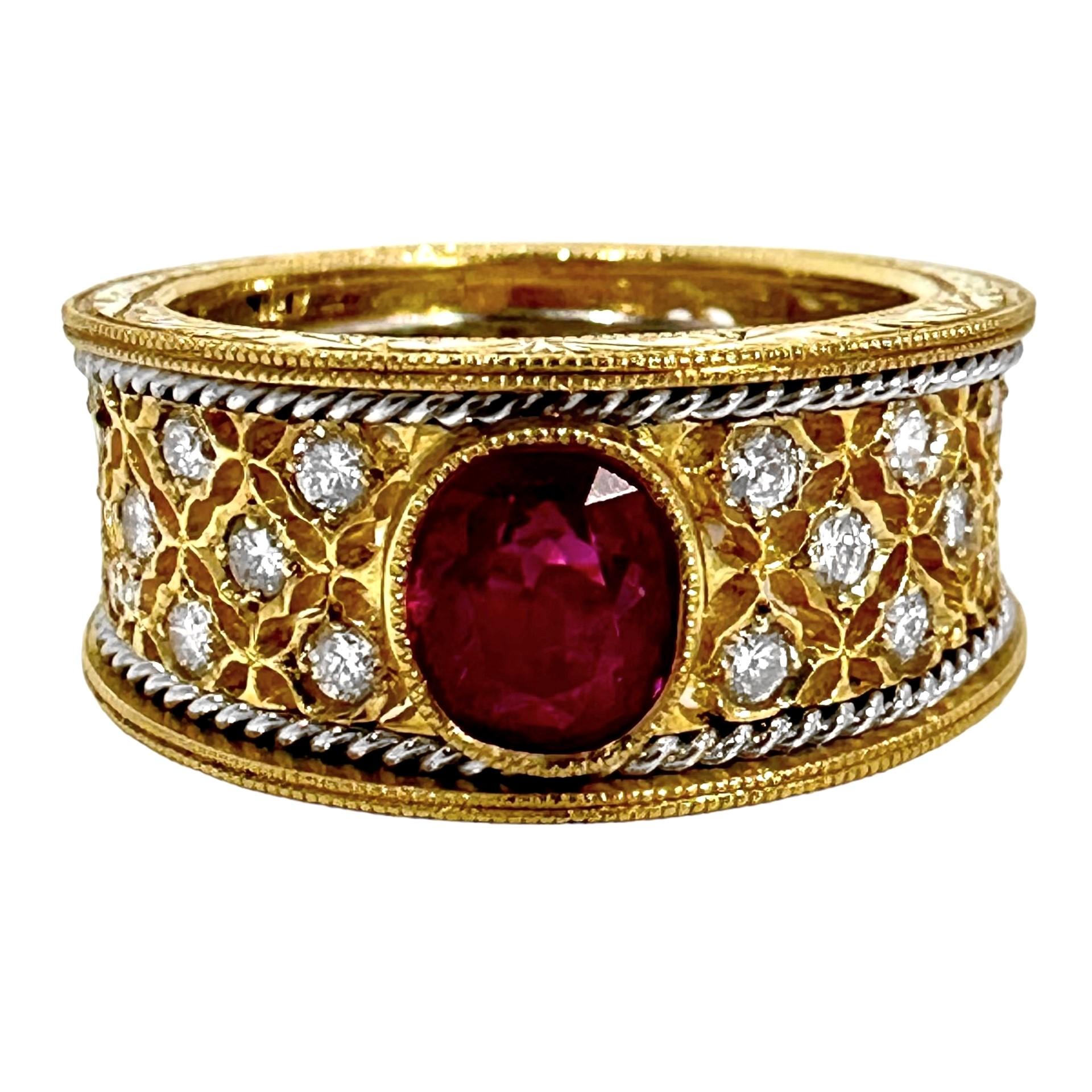 Lacey Mid-20th Century 18k Yellow Gold & Platinum Ruby and Diamond Cocktail Ring 1