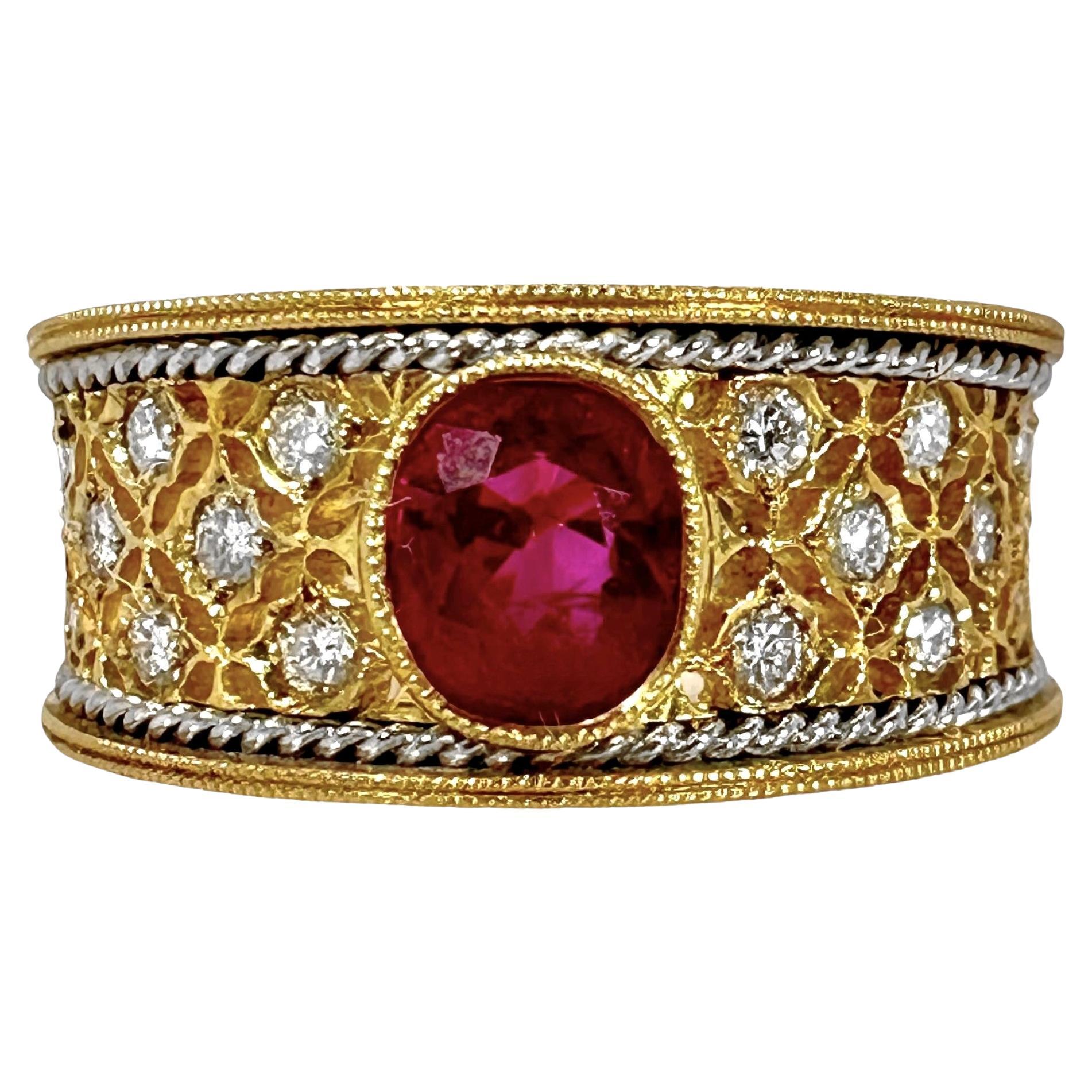 Lacey Mid-20th Century 18k Yellow Gold & Platinum Ruby and Diamond Cocktail Ring