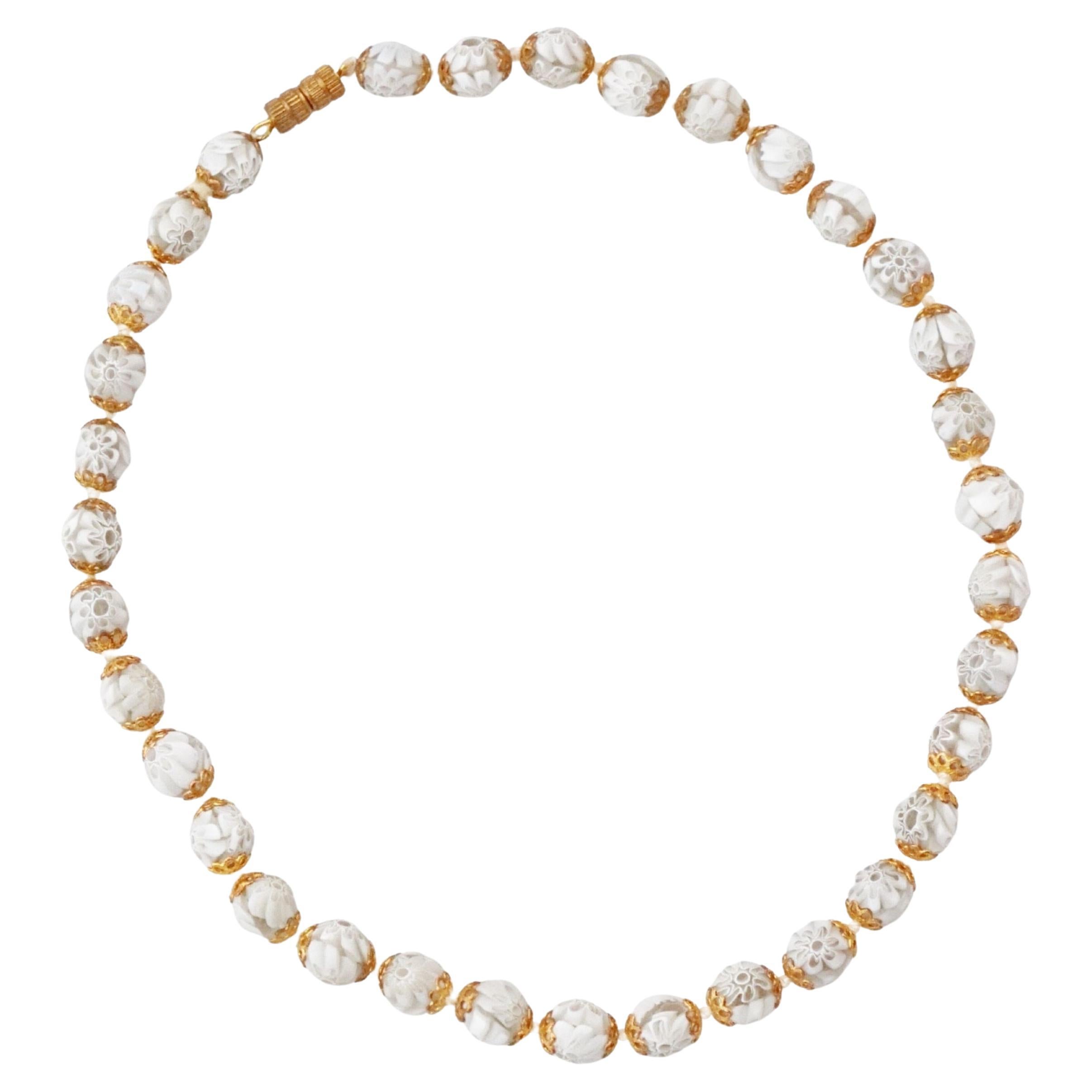 Lacey White Floral Murano Glass Bead Choker Necklace, 1950s For Sale