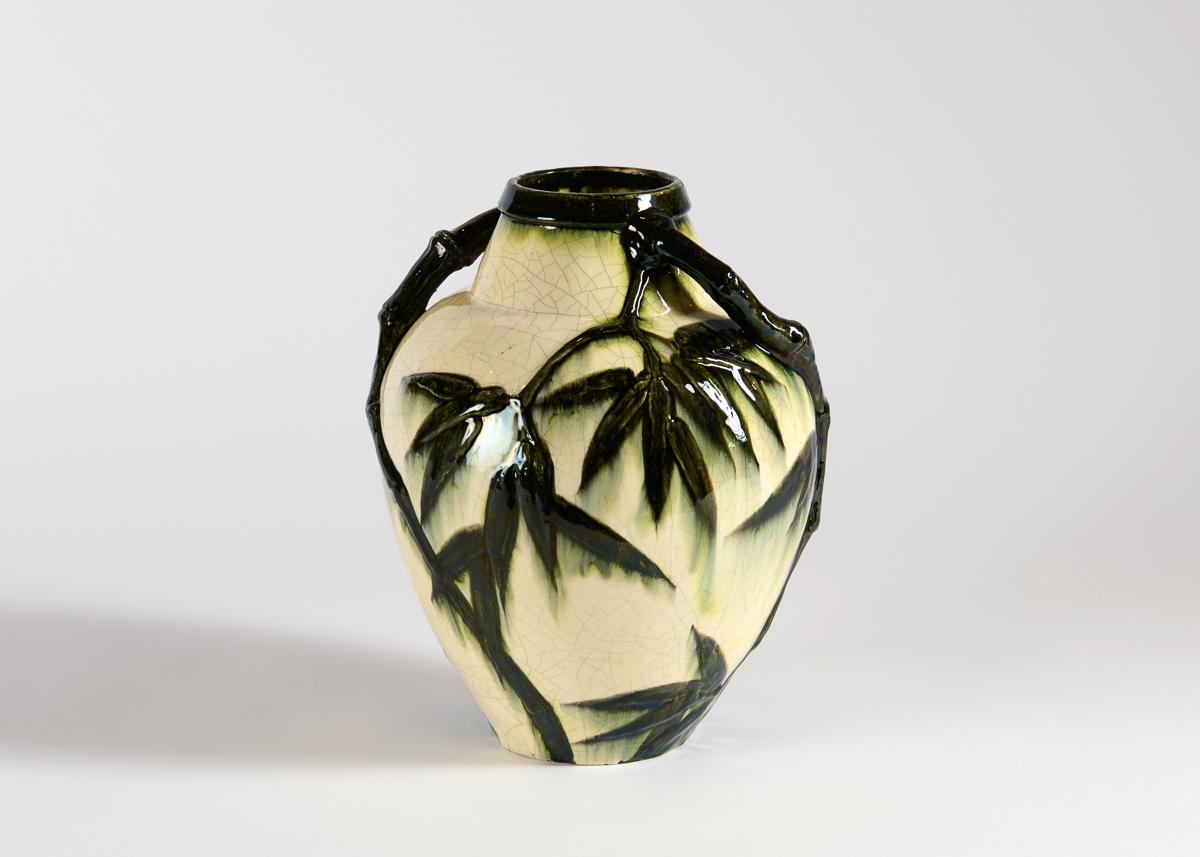 Art Déco Lachenal & Jaéglé, Glazed Ceramic Vase with Bamboo Motif, France, c. 1920 in vendita
