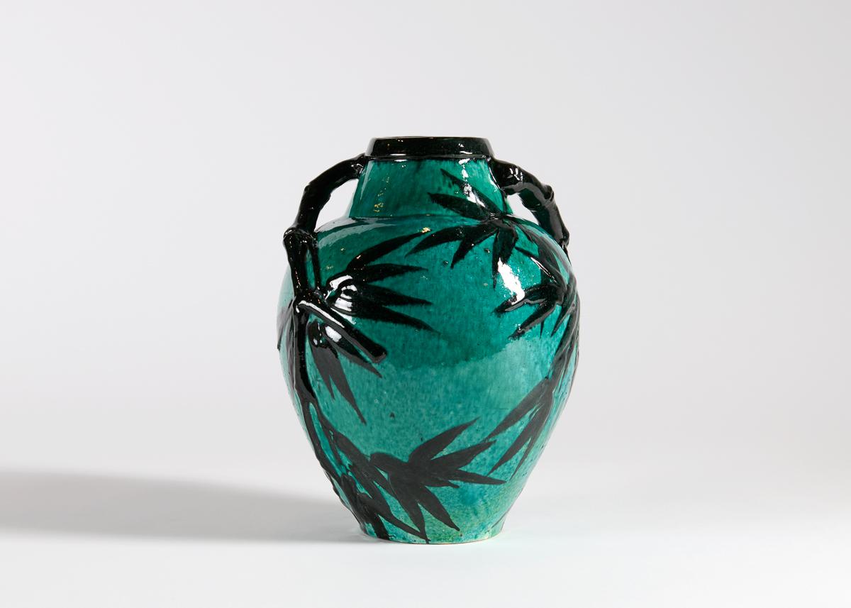 Art déco Lachenal & Jaéglé, Vase en céramique émaillée avec motif de bambou, France, c. 1920 en vente
