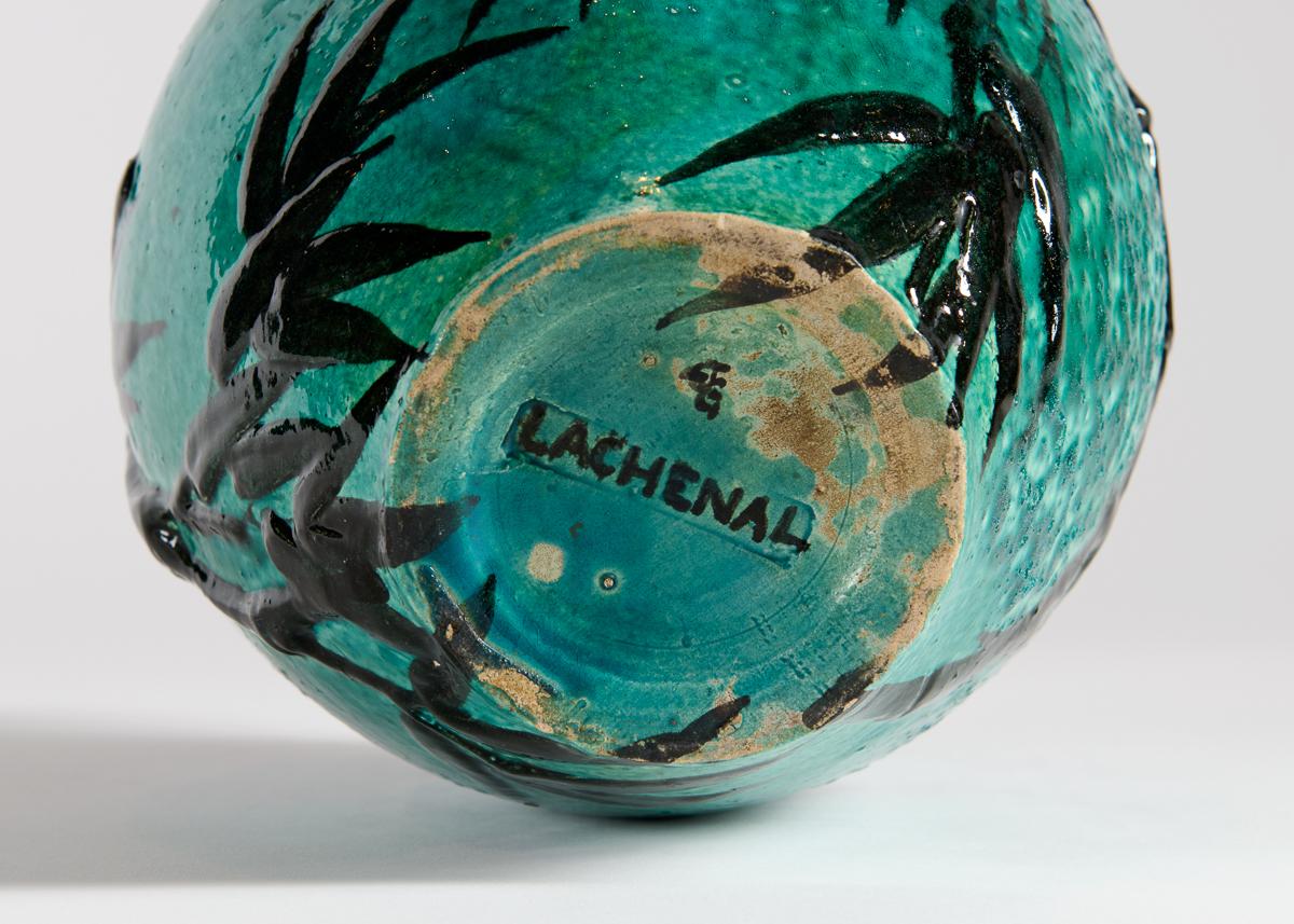 Français Lachenal & Jaéglé, Vase en céramique émaillée avec motif de bambou, France, c. 1920 en vente
