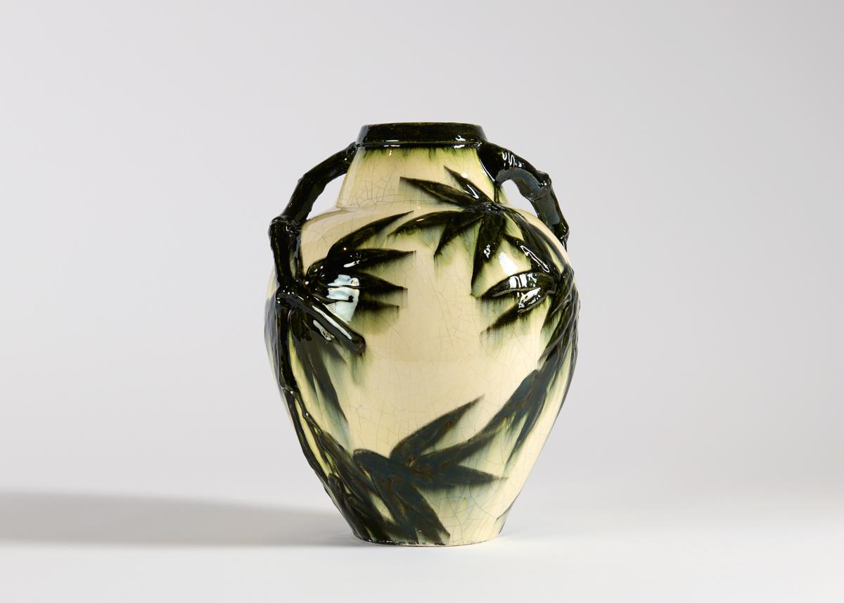 Smaltato Lachenal & Jaéglé, Glazed Ceramic Vase with Bamboo Motif, France, c. 1920 in vendita