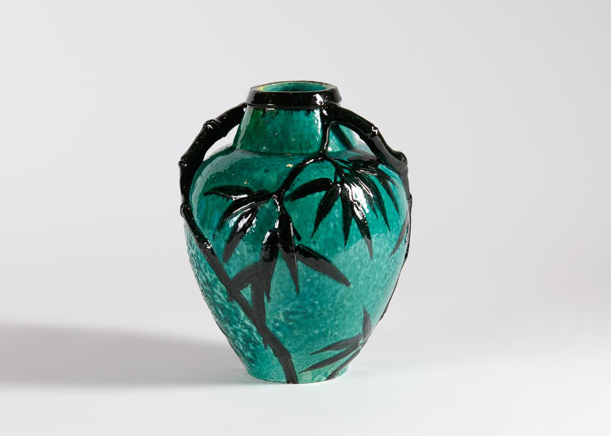Vernissé Lachenal & Jaéglé, Vase en céramique émaillée avec motif de bambou, France, c. 1920 en vente