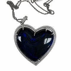 lack Opal Diamond Heart Pendant Necklace in 18K White Gold – 85ct Natural Opal