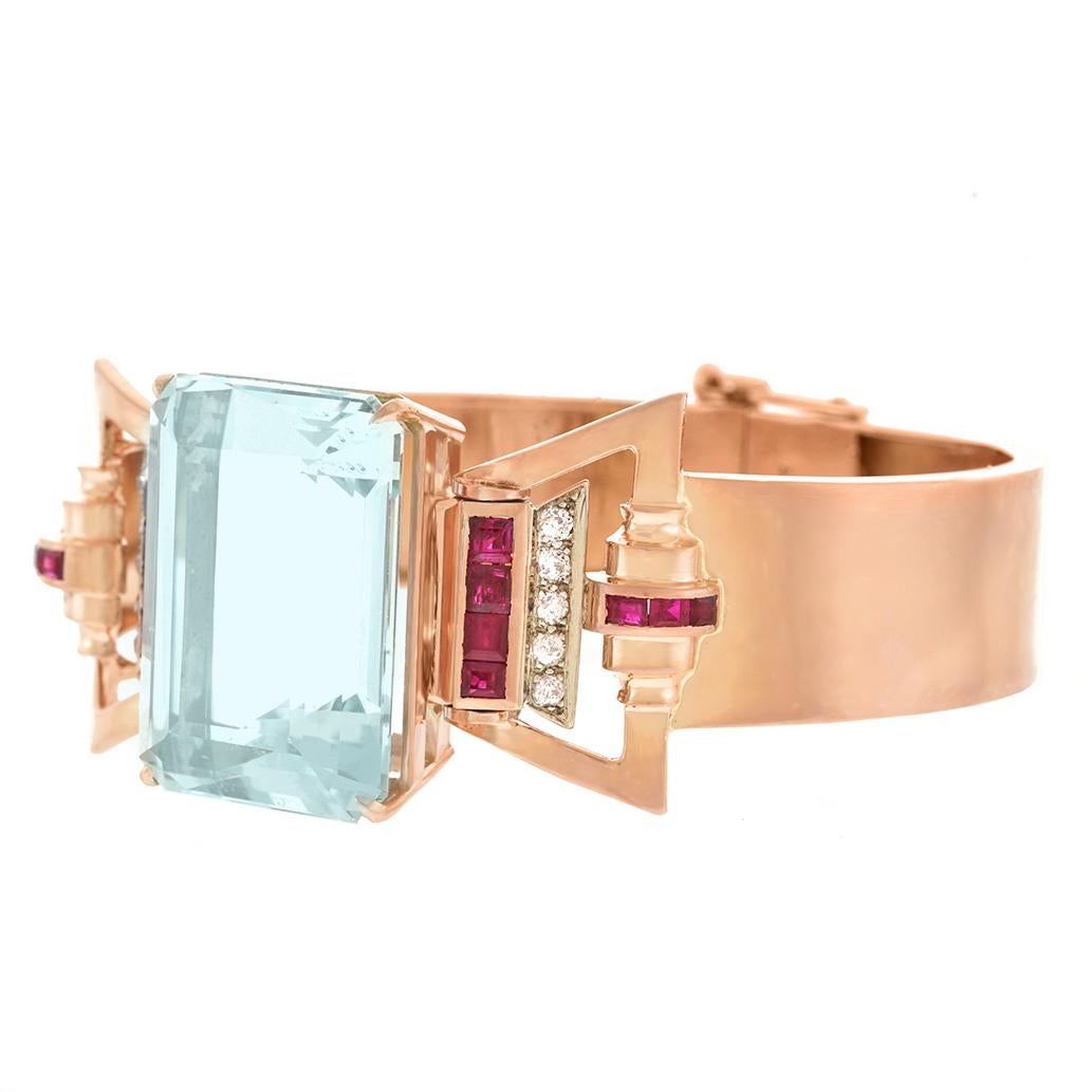 Lackritz Stunning Art Deco Aquamarine Diamond and Ruby-Set Gold Bracelet In Excellent Condition In Litchfield, CT