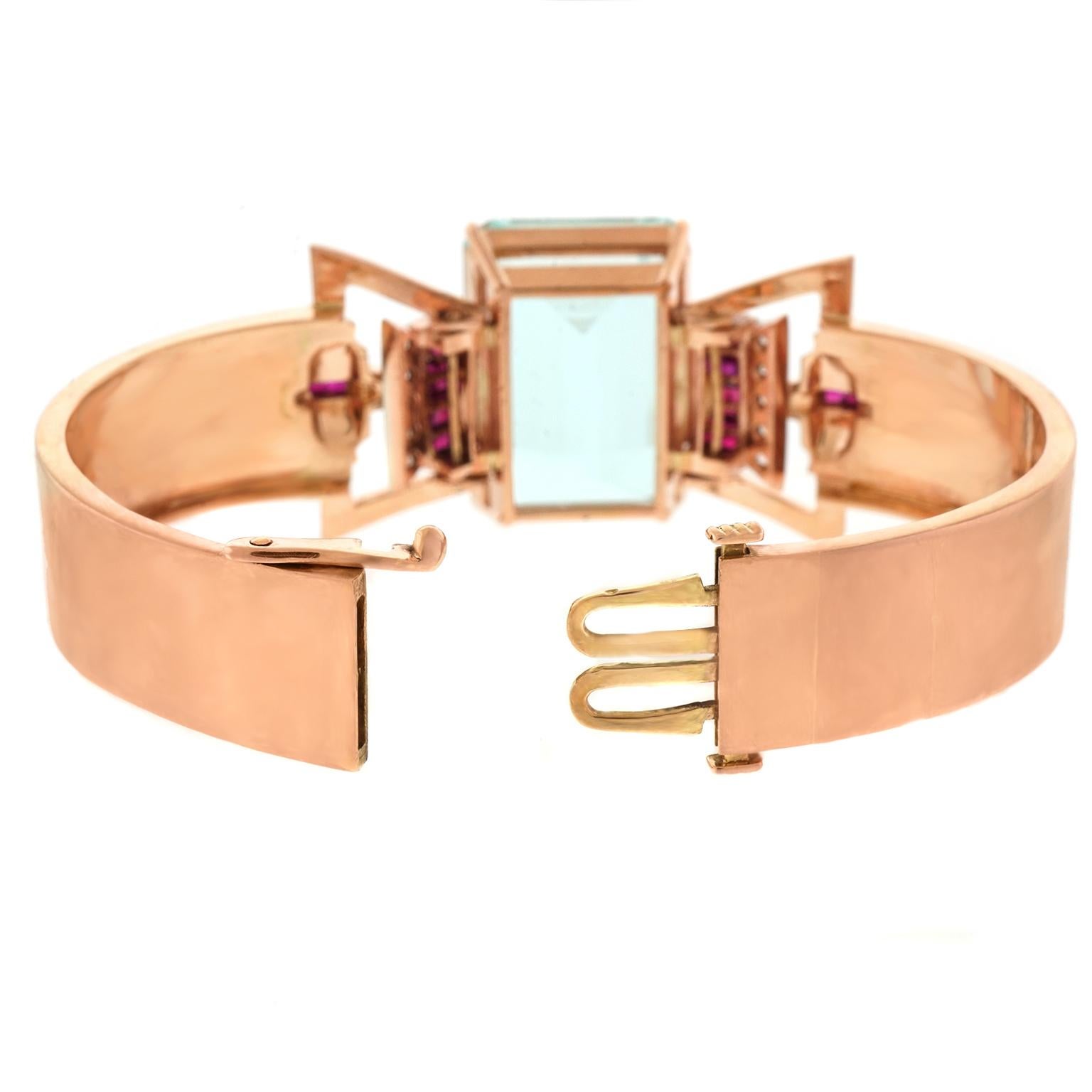 Lackritz Stunning Art Deco Aquamarine Diamond and Ruby-Set Gold Bracelet 3