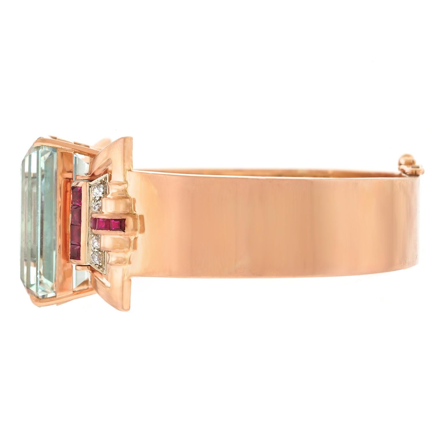 Lackritz Stunning Art Deco Aquamarine Diamond and Ruby-Set Gold Bracelet 4