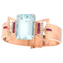 Lackritz Stunning Art Deco Aquamarine Diamond and Ruby-Set Gold Bracelet