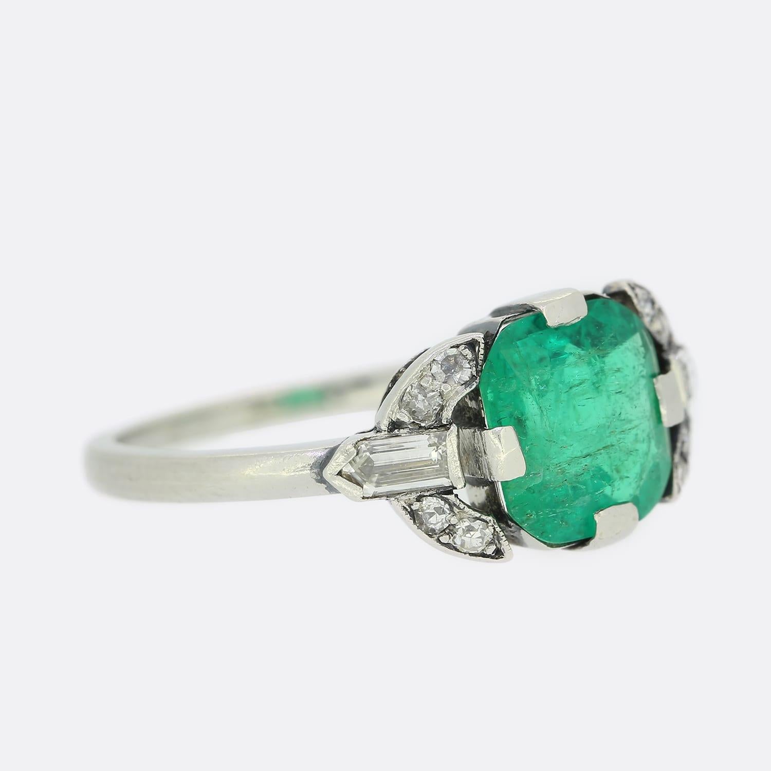 Baguette Cut Lacloche Art Deco 0.80 Carat Emerald and Diamond Ring For Sale