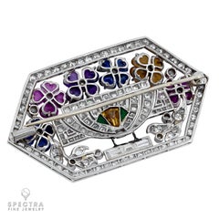 LaCloche Art Deco Multi Gem Diamond Platinum Pin Brooch