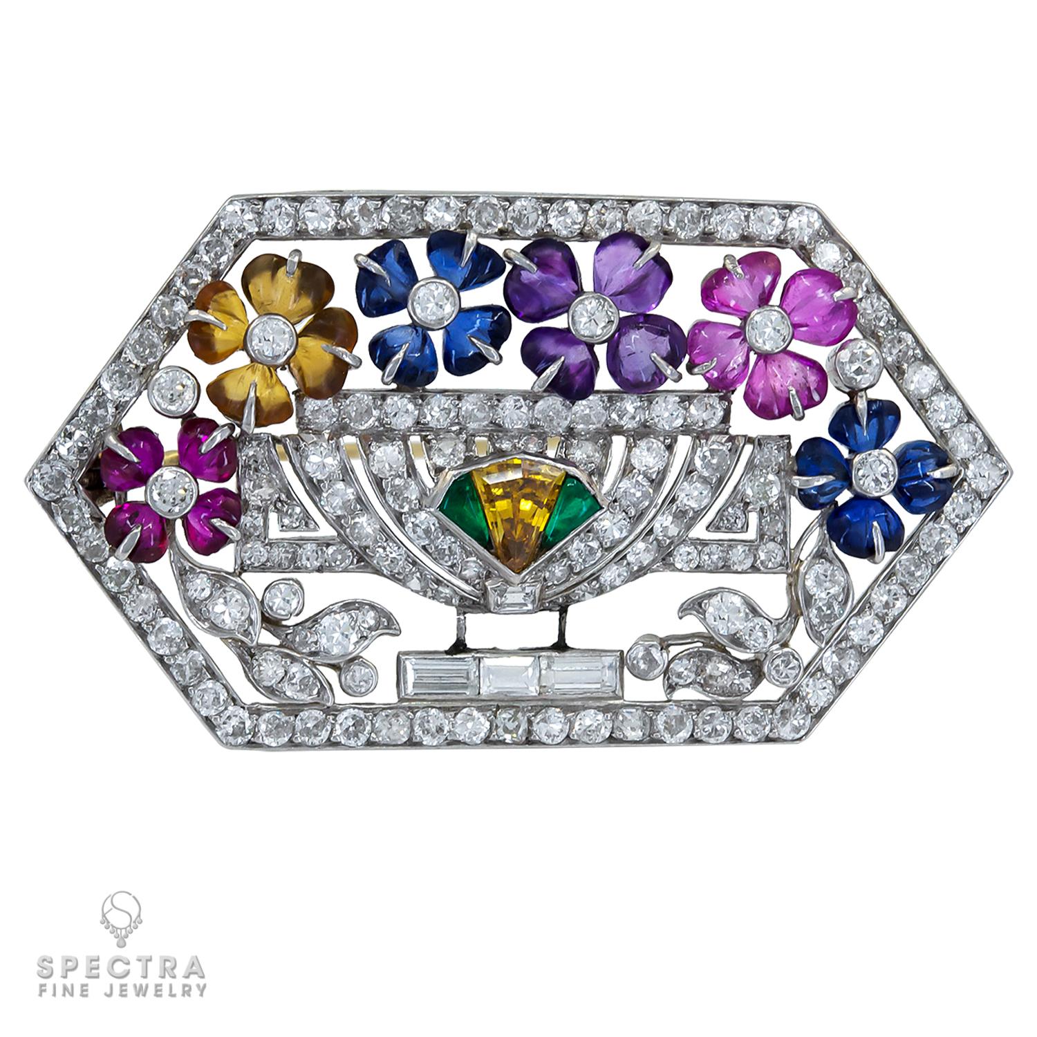 LaCloche Art Deco Multi Gem Diamond Platinum Pin Brooch In Excellent Condition For Sale In New York, NY