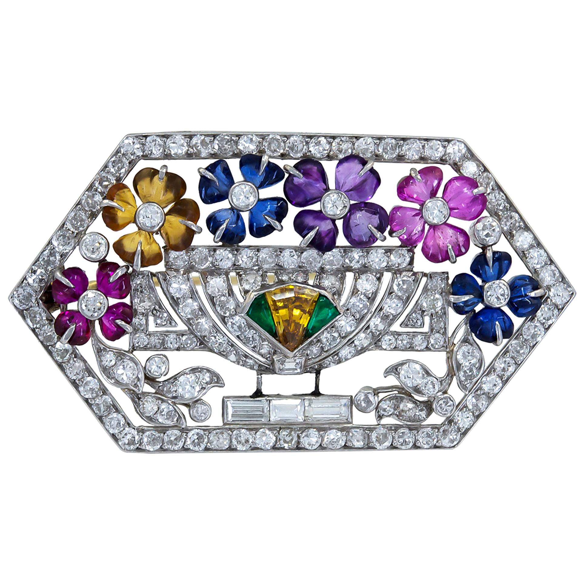 LaCloche Art Deco Multi Gem Diamond Platinum Pin Brooch For Sale