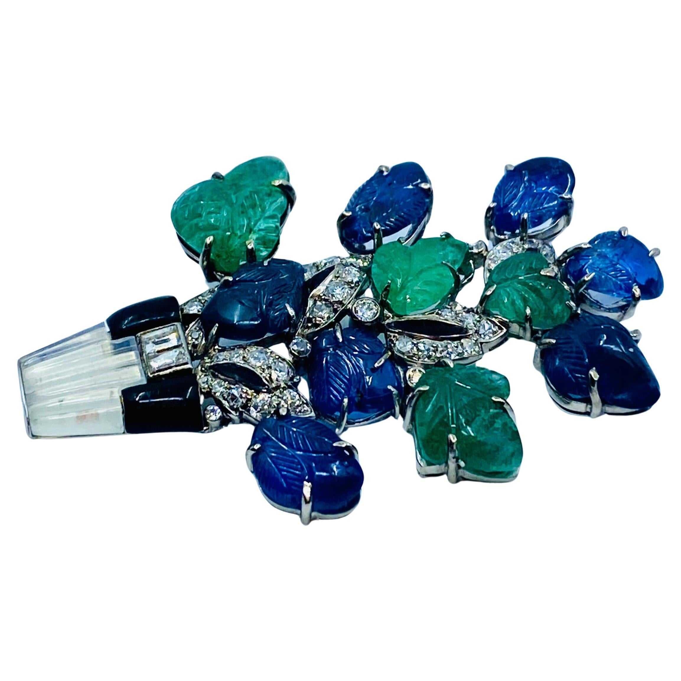 Lacloche Frères Brooch Platinum Carved Gemstones In Good Condition In Beverly Hills, CA