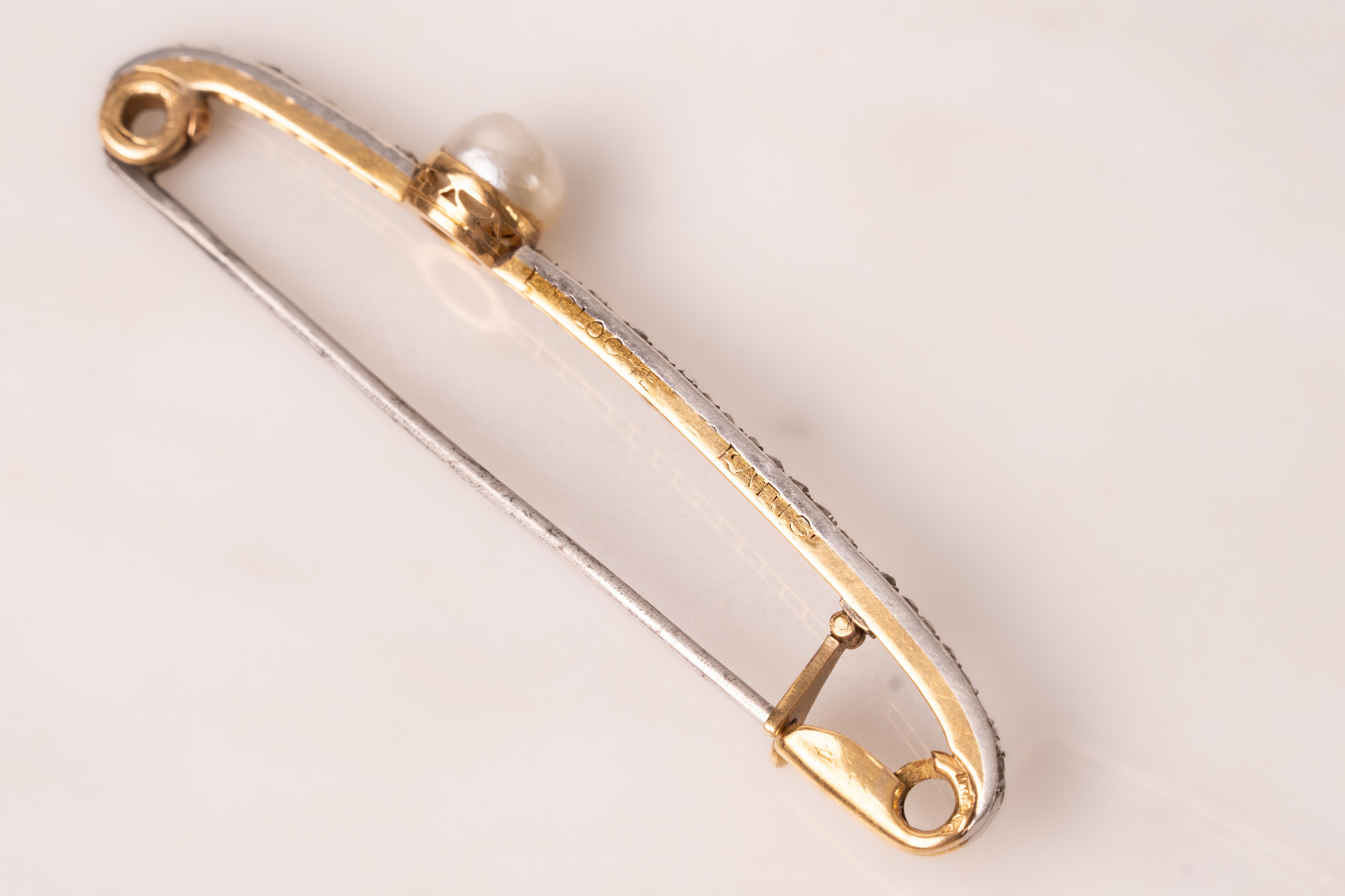 Edoardiano Spilla a barretta con diamanti e perle LaCloche Frères in vendita