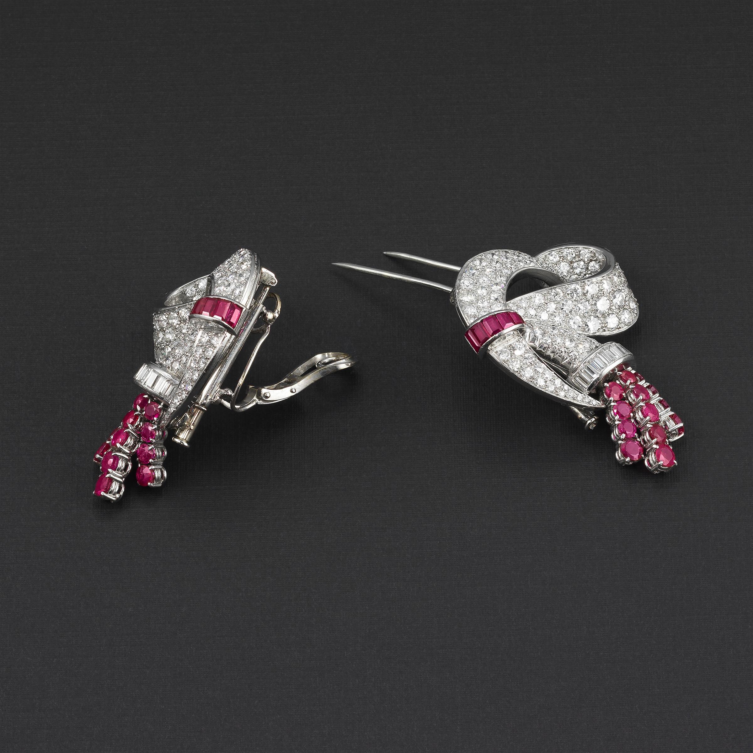 Mixed Cut Lacloche Frères Important Art Deco Burma Ruby Diamond Earrings and Clip Brooches For Sale