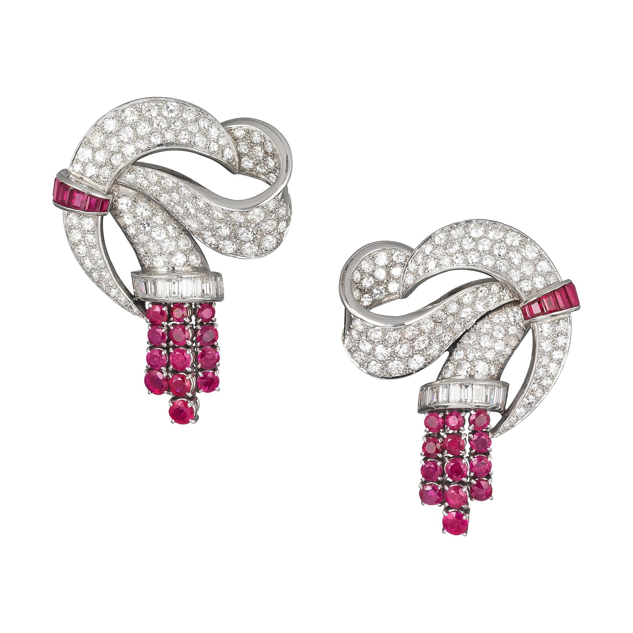 Lacloche Frères Important Art Deco Burma Ruby Diamond Earrings and Clip Brooches For Sale