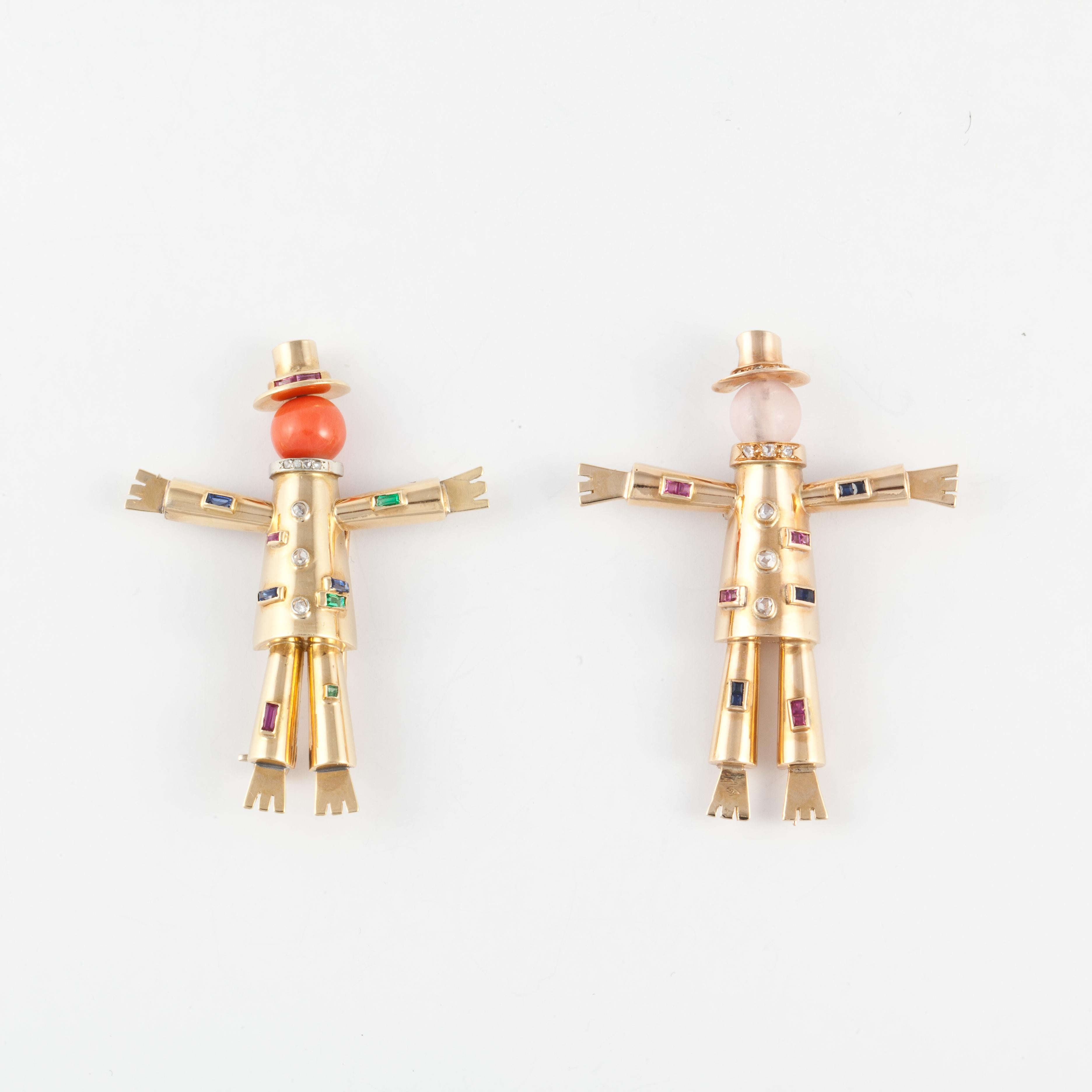 Mixed Cut LaCloche Pair of Scarecrow Pins in 18K Yellow Gold and Gemstones