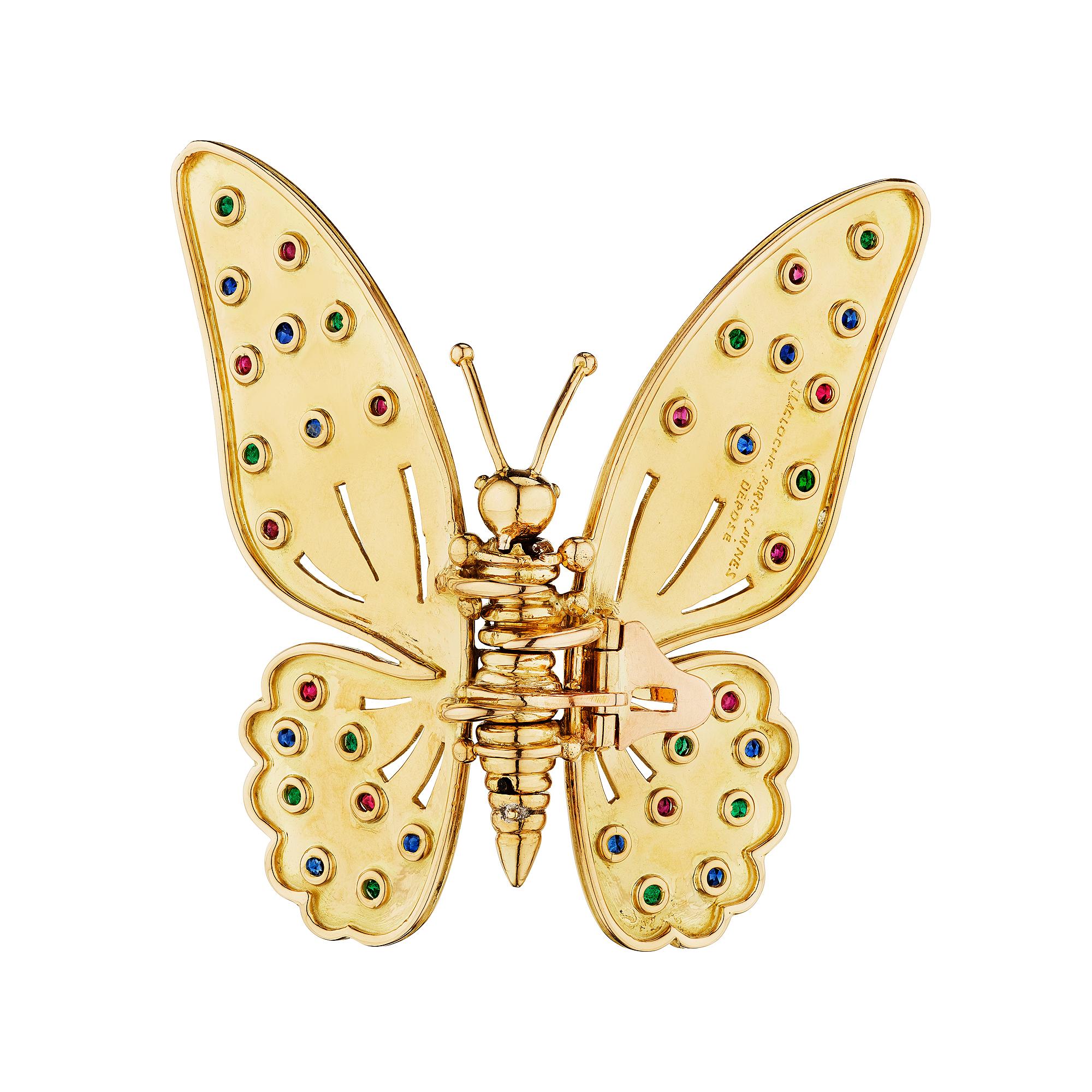 Moderniste LaCloche Paris Mid-Century Ruby Emerald Sapphire Gold Butterfly Brooch (Broche papillon en or) en vente